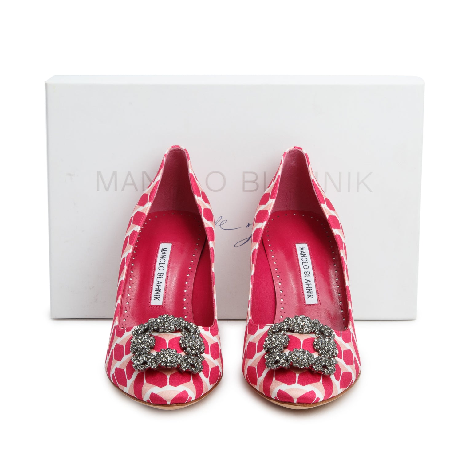 Manolo Blahnik Pink Cosmo Printed Satin Hangisi Pumps, Women's Size 40 w/ Box