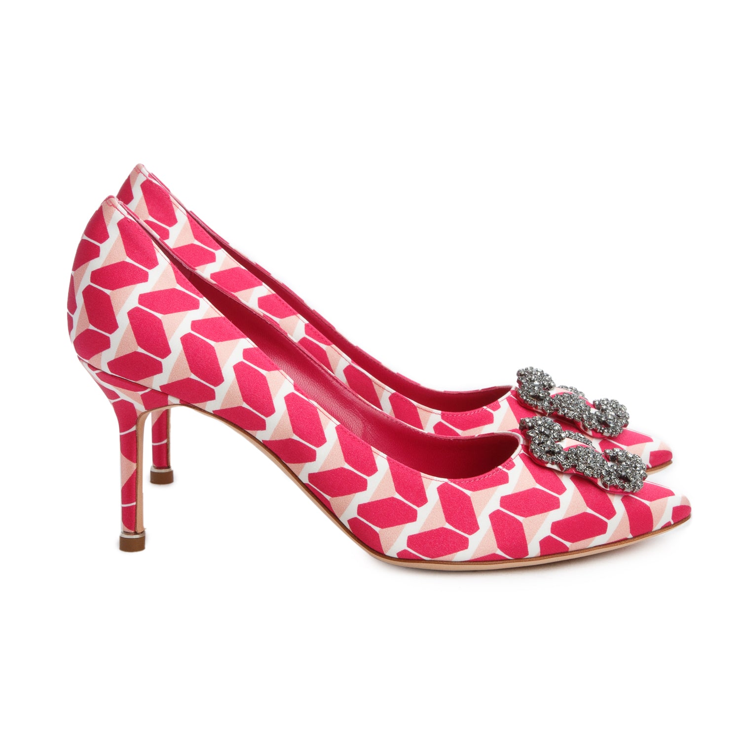 Manolo Blahnik Pink Cosmo Printed Satin Hangisi Pumps, Women's Size 40 w/ Box