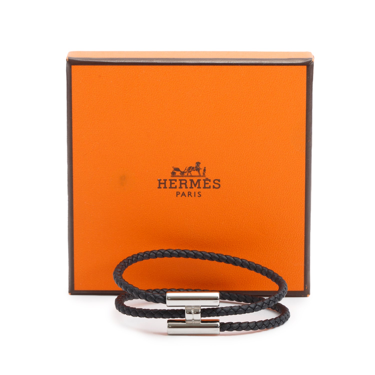 Hermes Palladium Plated Black Calfskin Leather Tournis Tresse Bracelet w/ Box