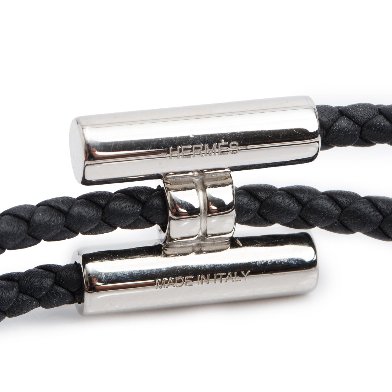 Hermes Palladium Plated Black Calfskin Leather Tournis Tresse Bracelet w/ Box
