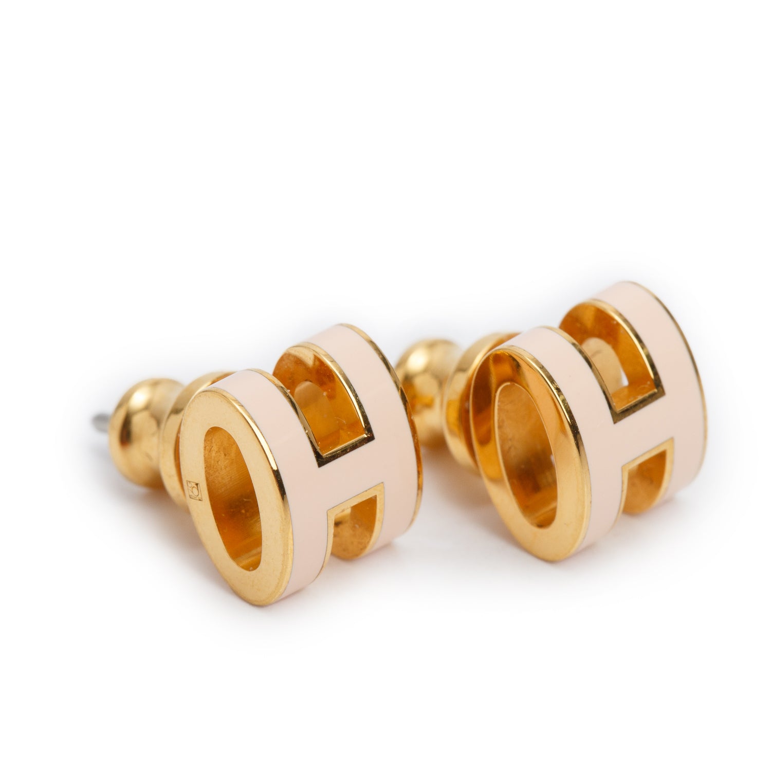 Hermes Gold Plated Pink Lacquered Mini Pop H Earrings w/ Box