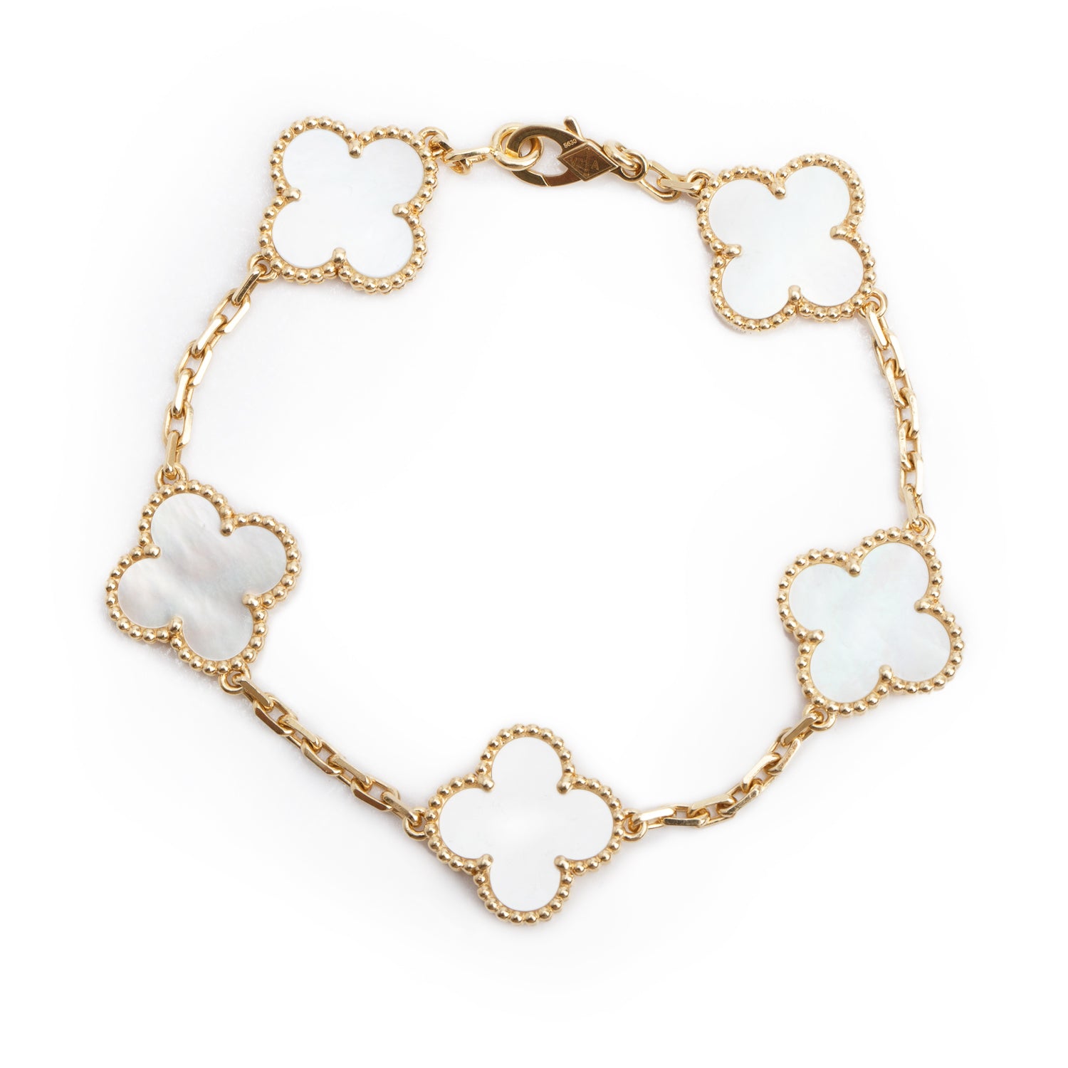 Van Cleef & Arpels 18k Yellow Gold Vintage Alhambra 5 Motif Mother of Pearl Bracelet w/ Box & Certificate