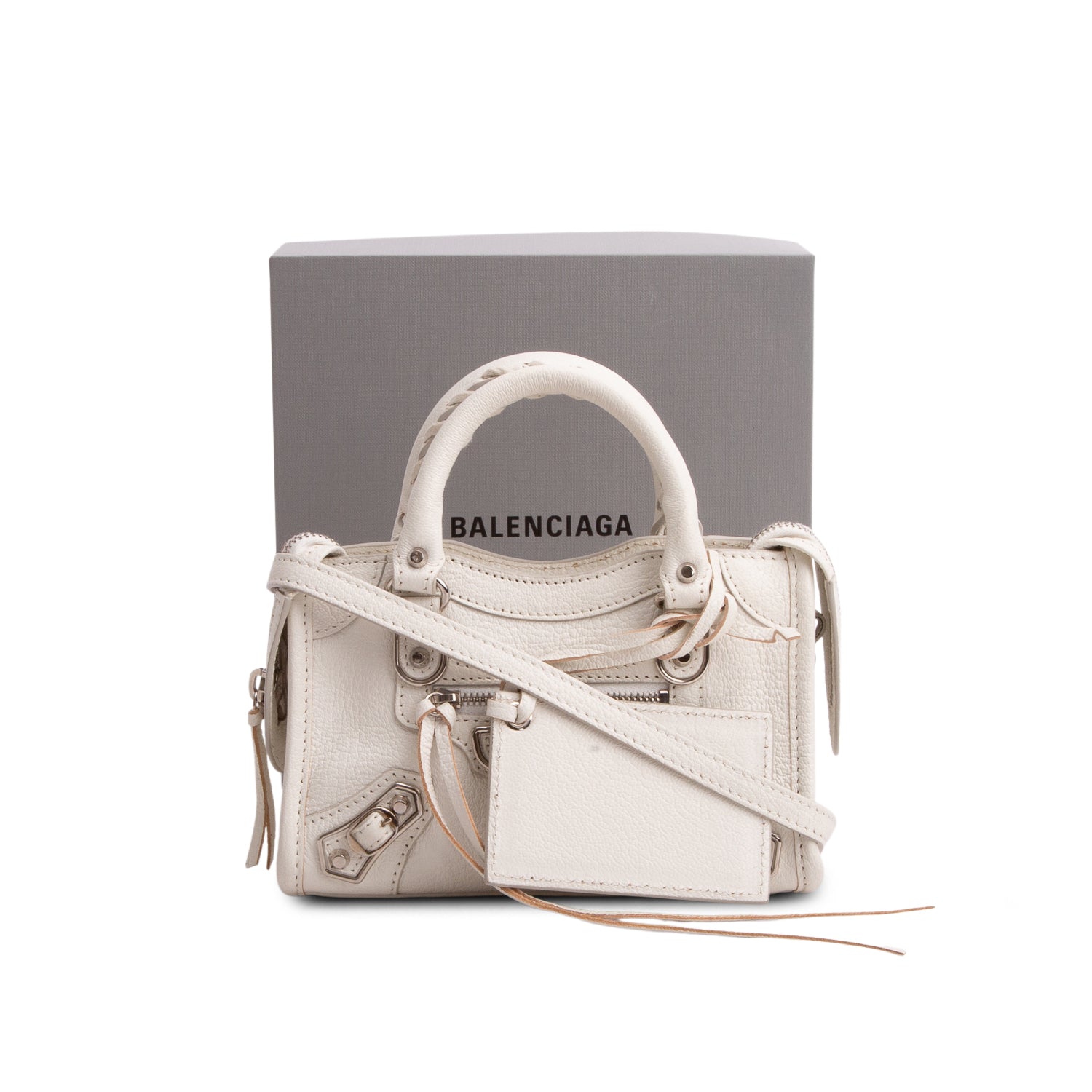 Balenciaga White Arena Lambskin Neo Classic Hardware Nano City Crossbody w/ Box, Receipt & Strap
