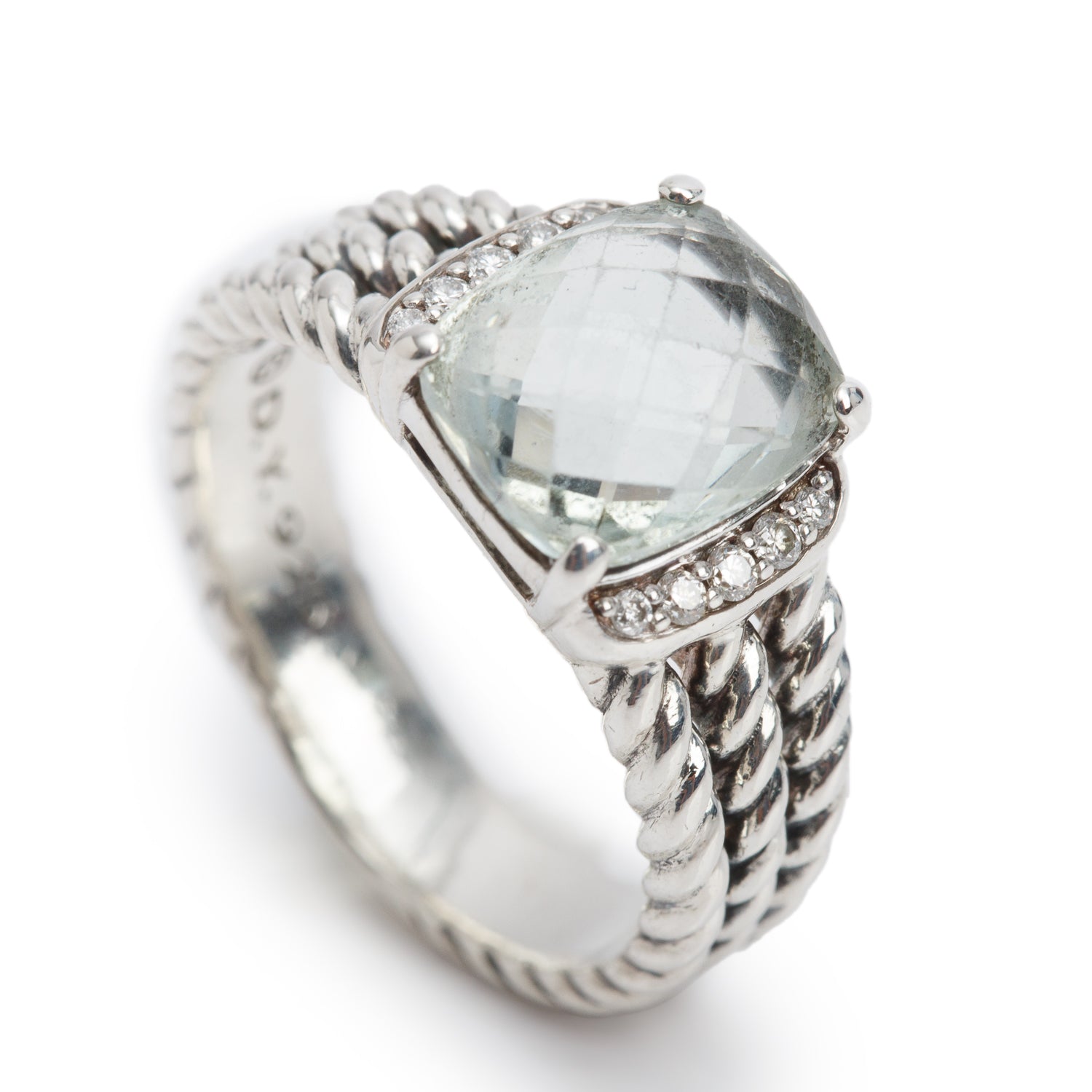 David Yurman Sterling Silver Petite Wheaton Ring with 10 MM Prasiolite & Diamonds, Size 6.75