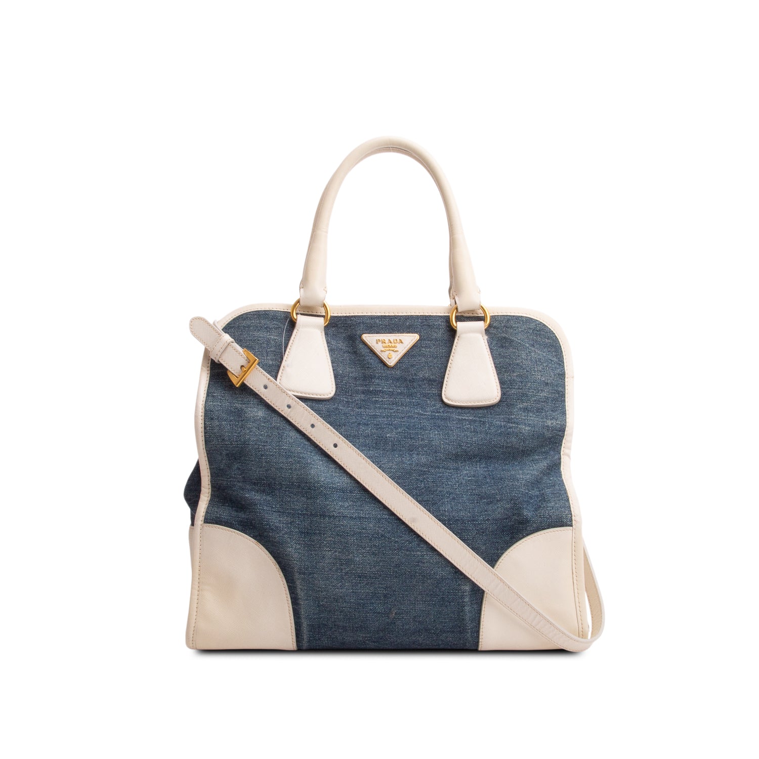 Prada Blue Denim Saffiano Lux Double Zip Tote w/ Strap