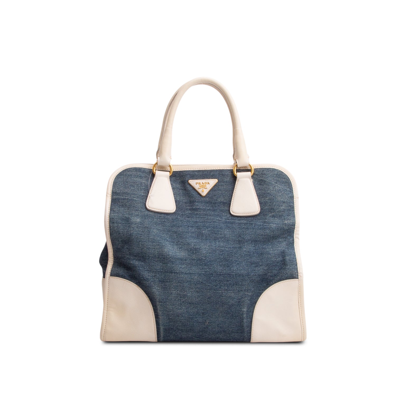 Prada Blue Denim Saffiano Lux Double Zip Tote w/ Strap