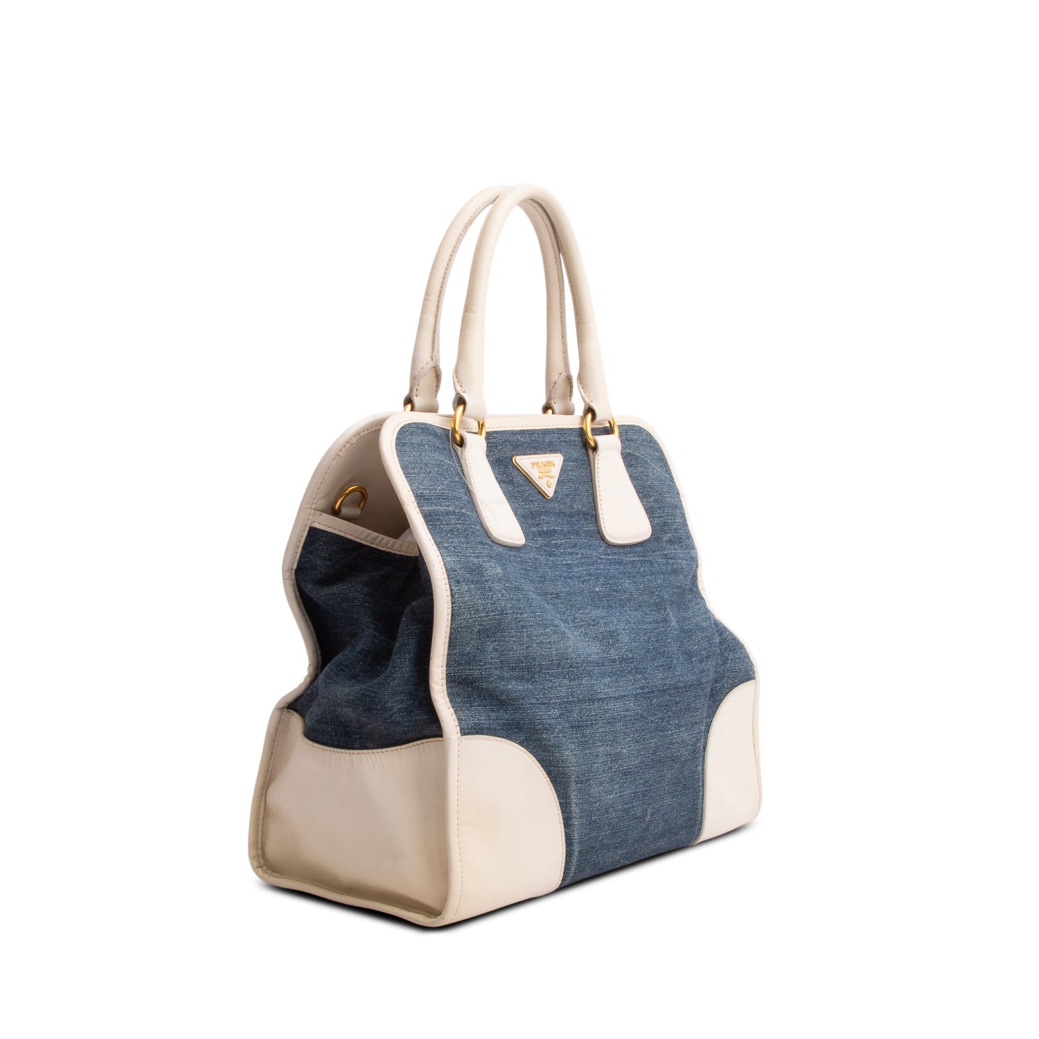 Prada Blue Denim Saffiano Lux Double Zip Tote w/ Strap
