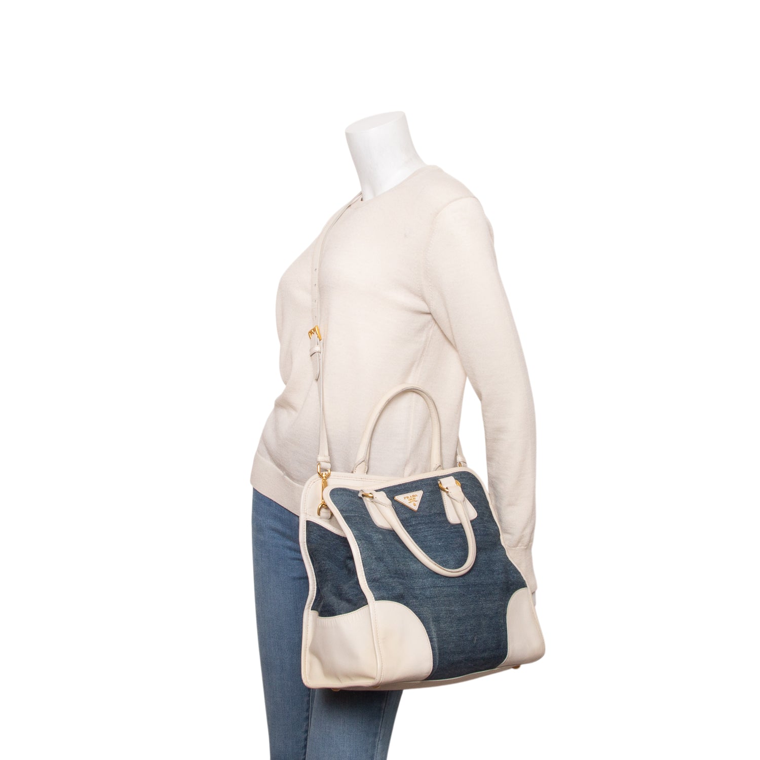 Prada Blue Denim Saffiano Lux Double Zip Tote w/ Strap