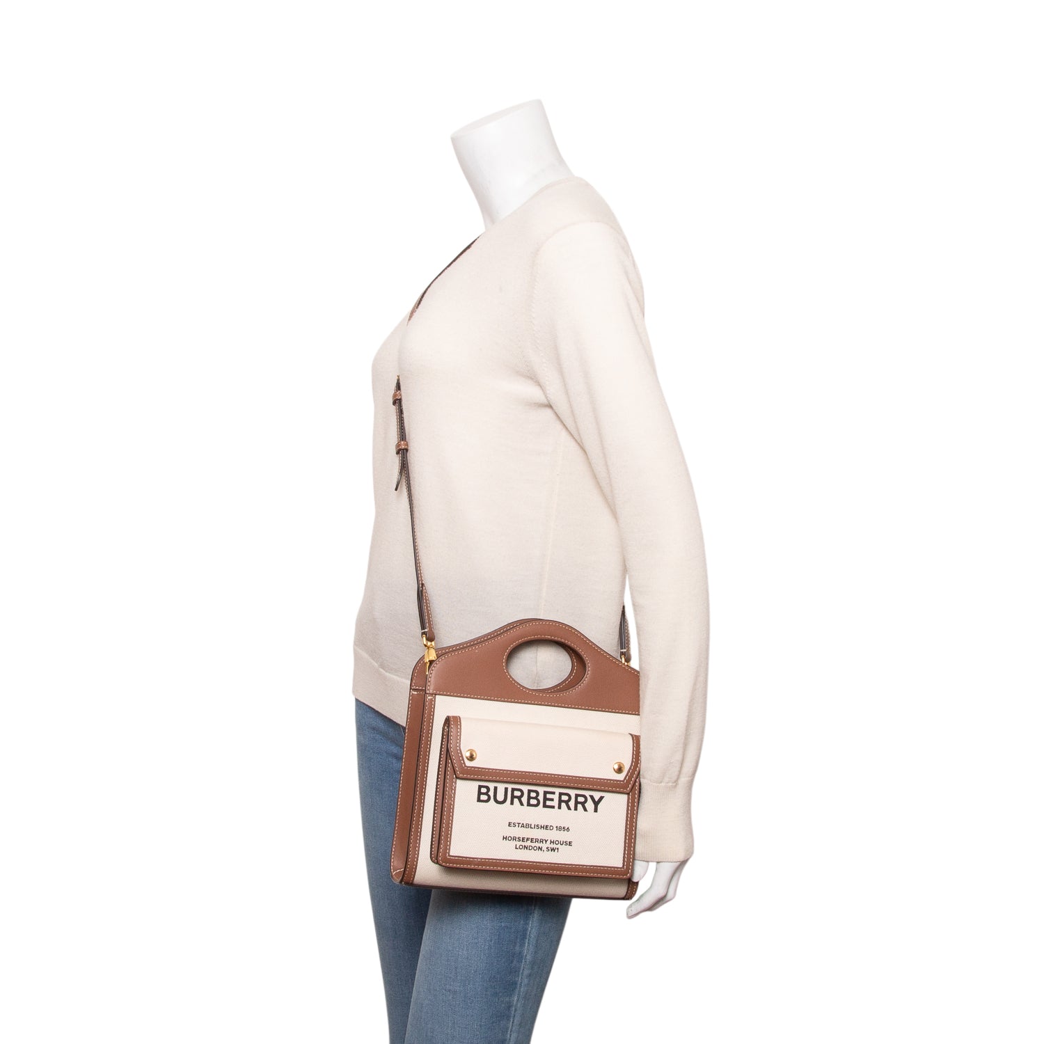 Burberry White Canvas Smooth Calfskin Two Tone Mini Pocket Bag w/ Strap