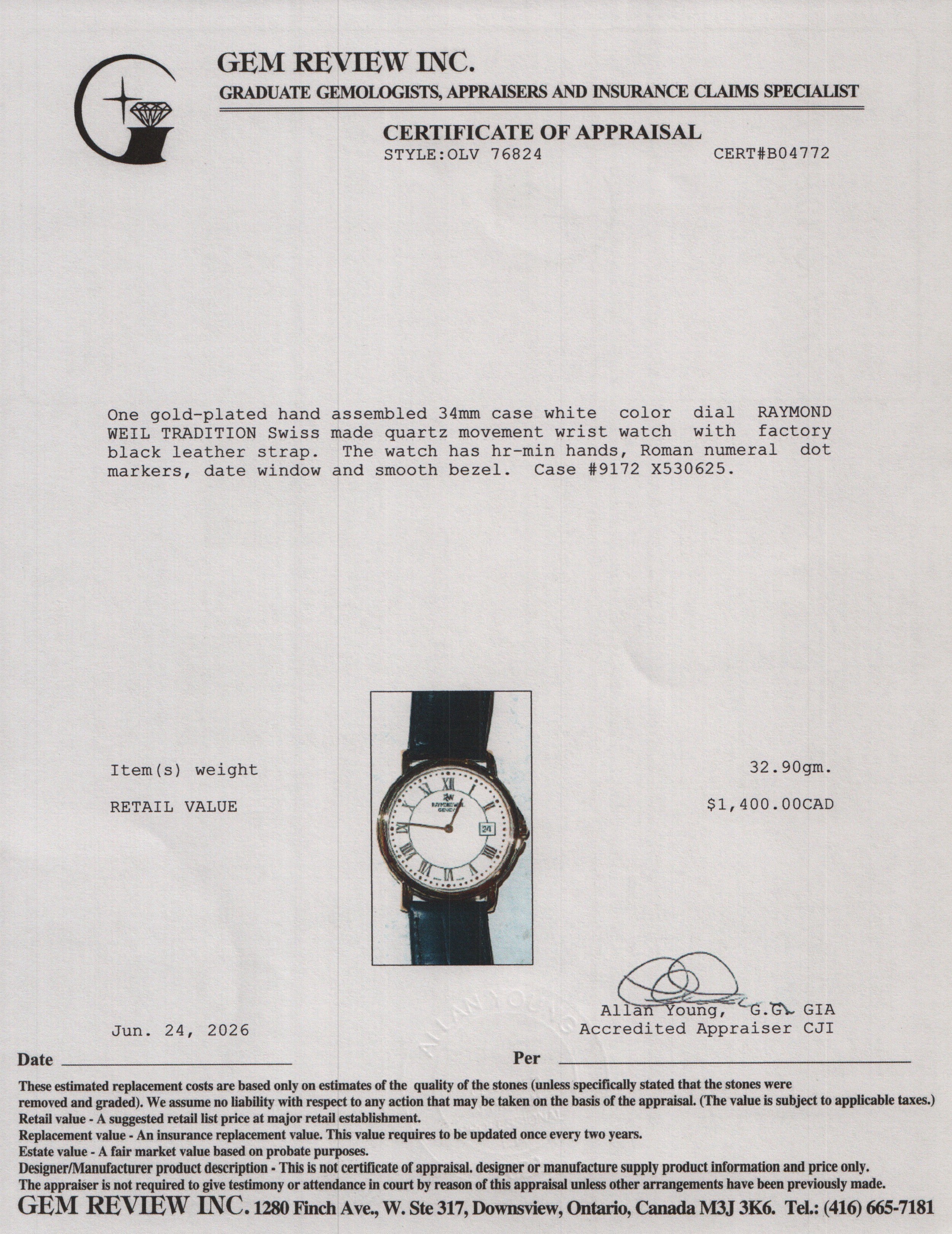 Raymond Weil 18k Gold-Plated Stainless Steel Tradition 34 MM Quartz Watch, White Dial 9172 w/ Box & Papers