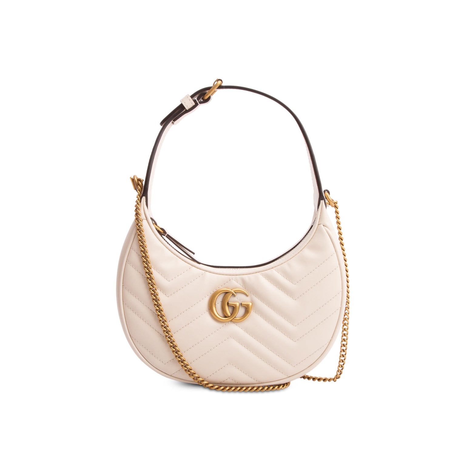 Gucci Cream Calfskin Matelasse Chevron Mini GG Marmont Half Moon Hobo w/ Box & Strap