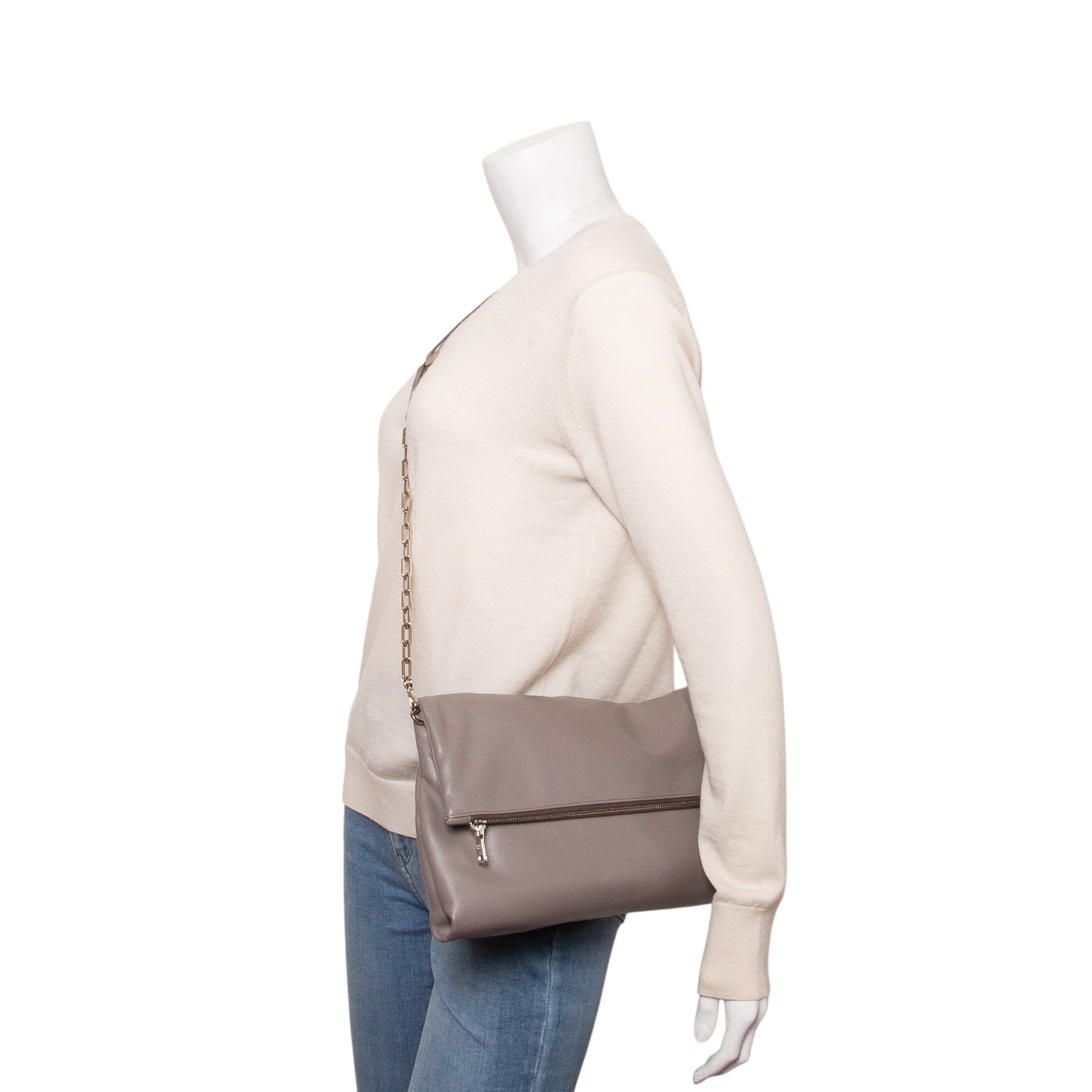 Prada Grey Soft Calf Fold Over Chain Flap Bag