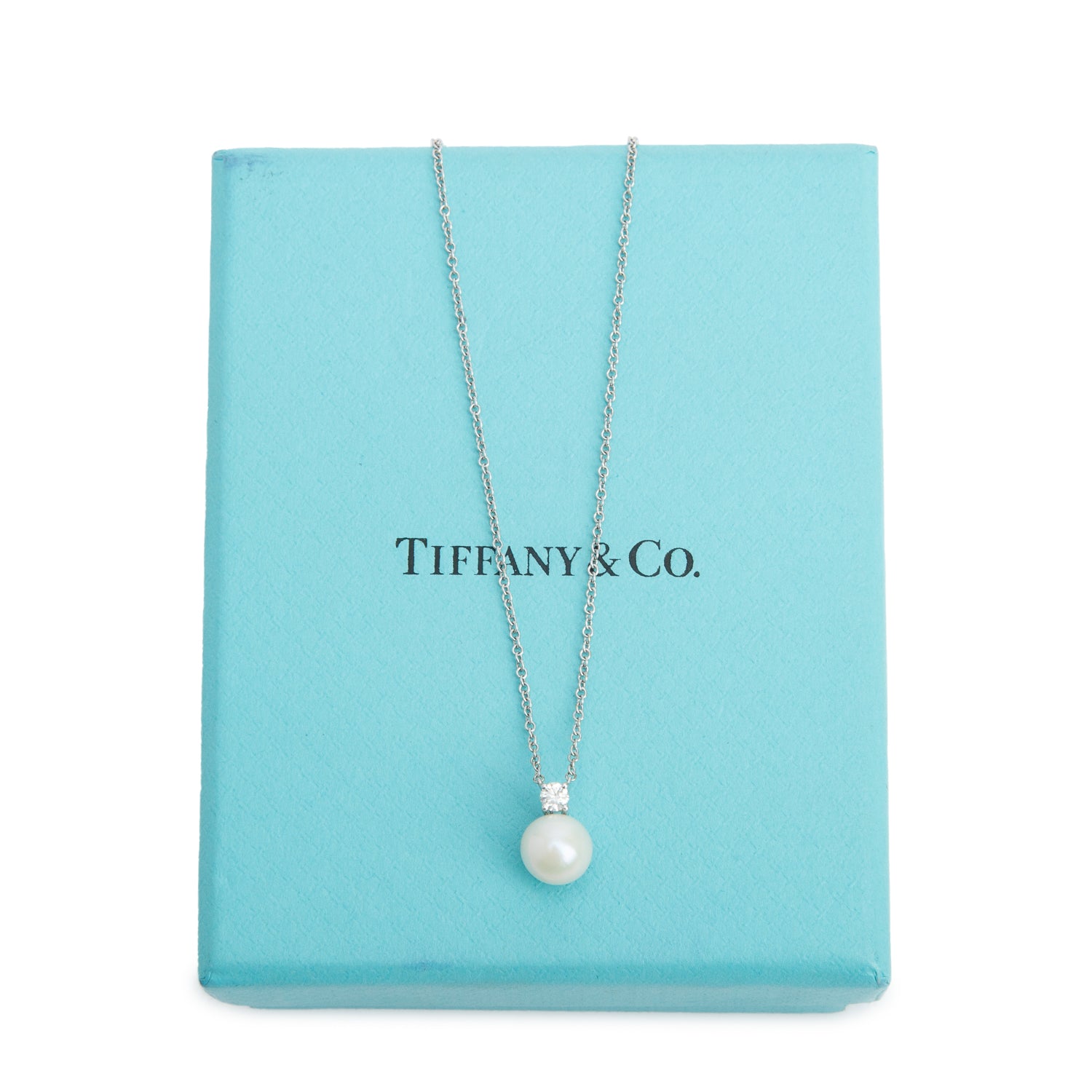Tiffany & Co. 18k White Gold Signature Pearl & Diamond Pendant Necklace w/ Box