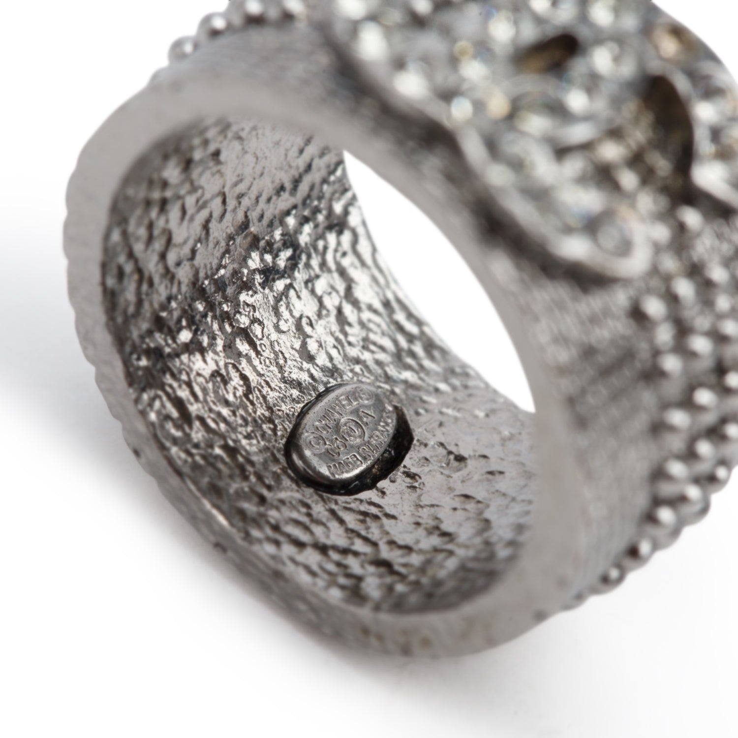 Chanel Ruthenium Plated Strass CC Textured Band Ring, Size 6.25