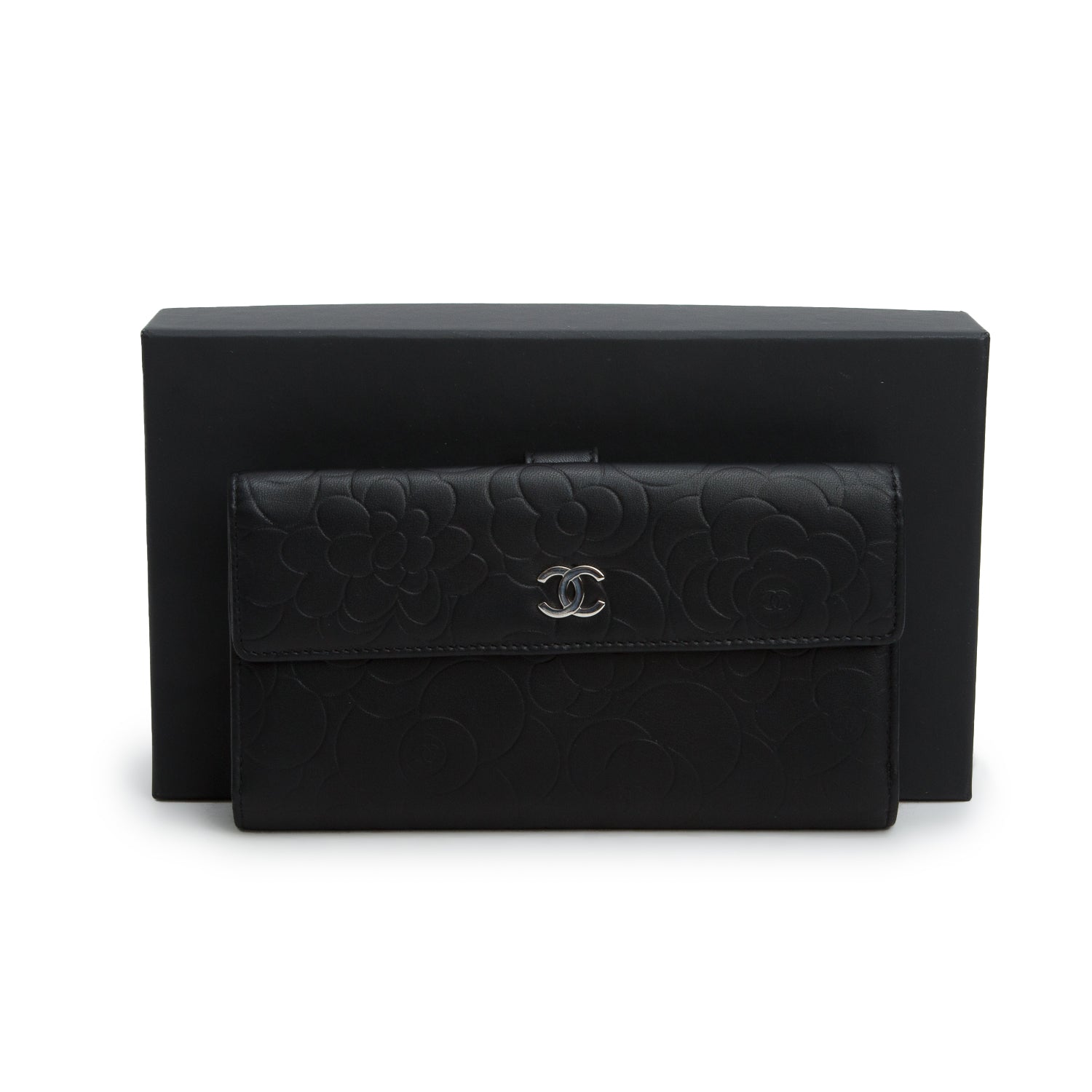 Chanel Black Lambskin Embossed Camellia Large Gusset Flap Wallet w/ Box