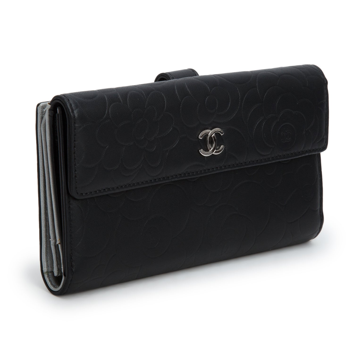Chanel Black Lambskin Embossed Camellia Large Gusset Flap Wallet w/ Box