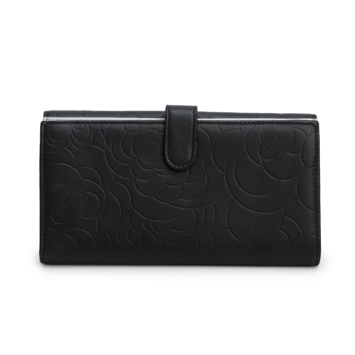 Chanel Black Lambskin Embossed Camellia Large Gusset Flap Wallet w/ Box