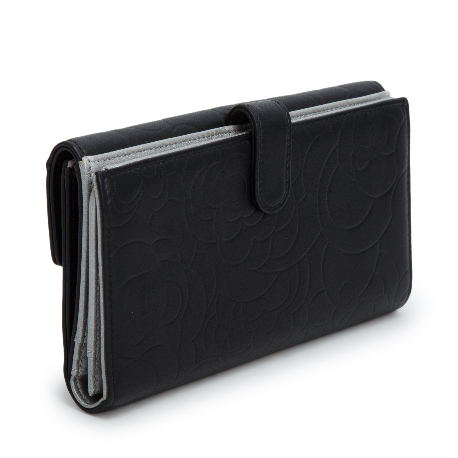 Chanel Black Lambskin Embossed Camellia Large Gusset Flap Wallet w/ Box
