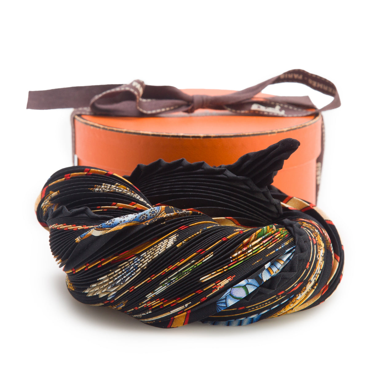 Hermes Black & Multicolor 'Q'uimporte le Flacon' Silk Pleated Scarf 90 w/ Box