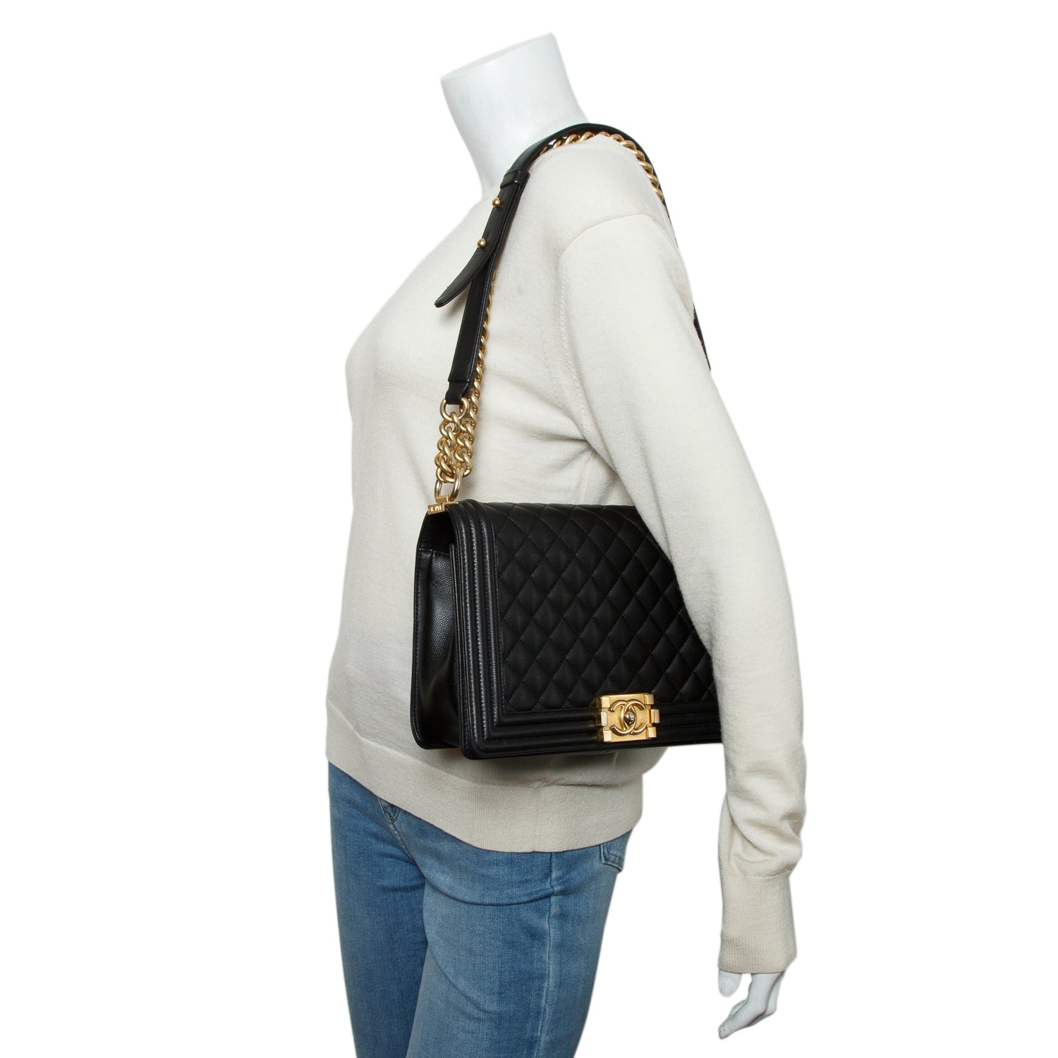 Chanel Black Caviar Quilted Large Boy Flap w/ Box