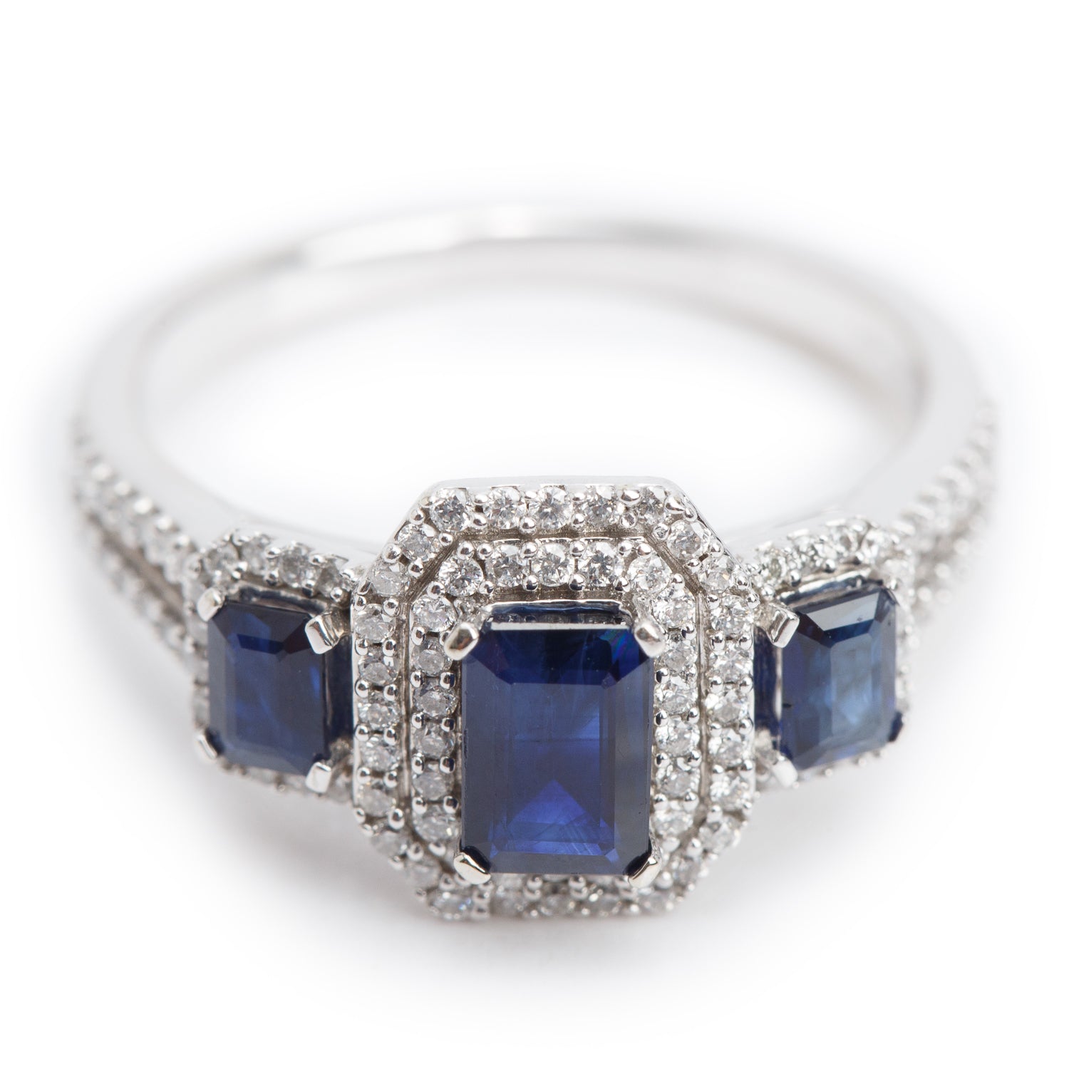 14k White Gold Blue Sapphire & Diamond Cluster Ring, Size 7