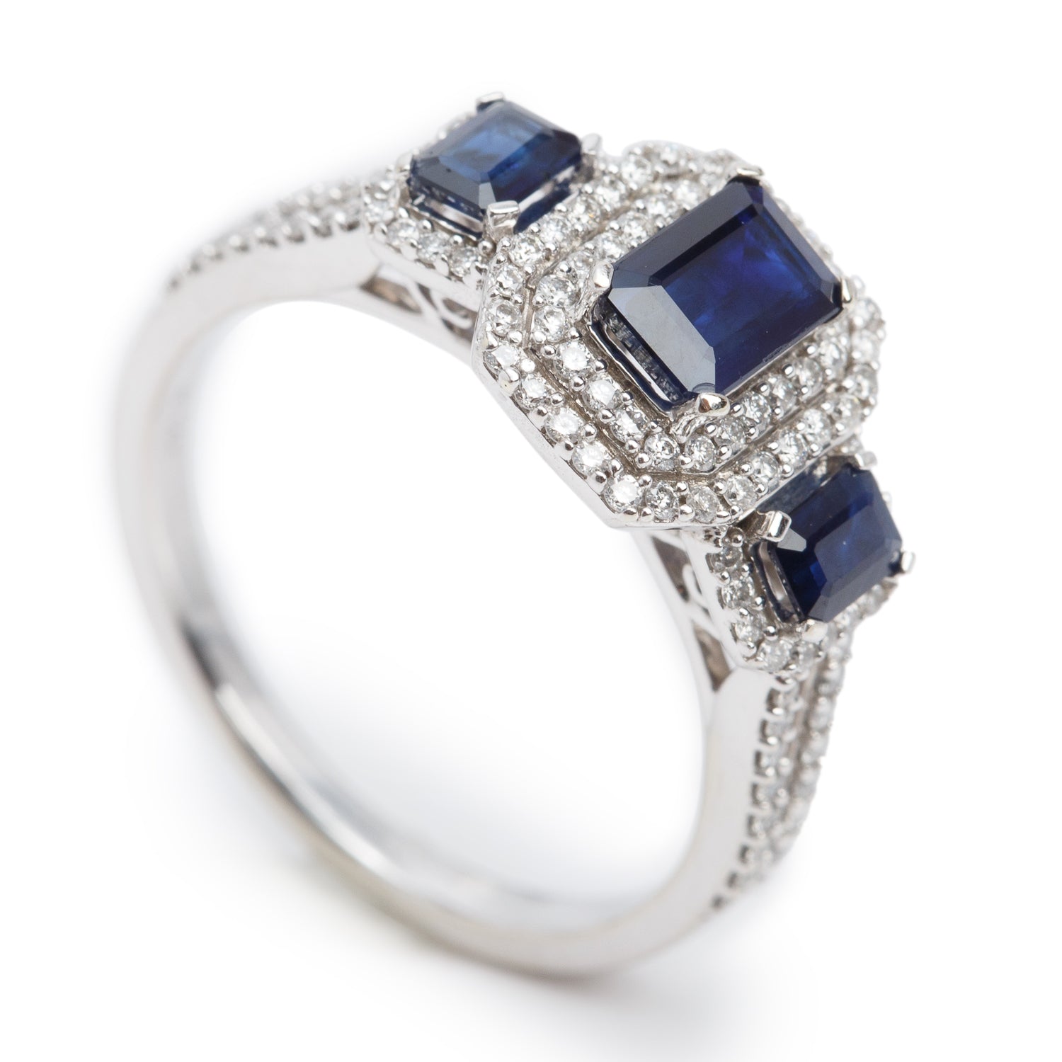 14k White Gold Blue Sapphire & Diamond Cluster Ring, Size 7