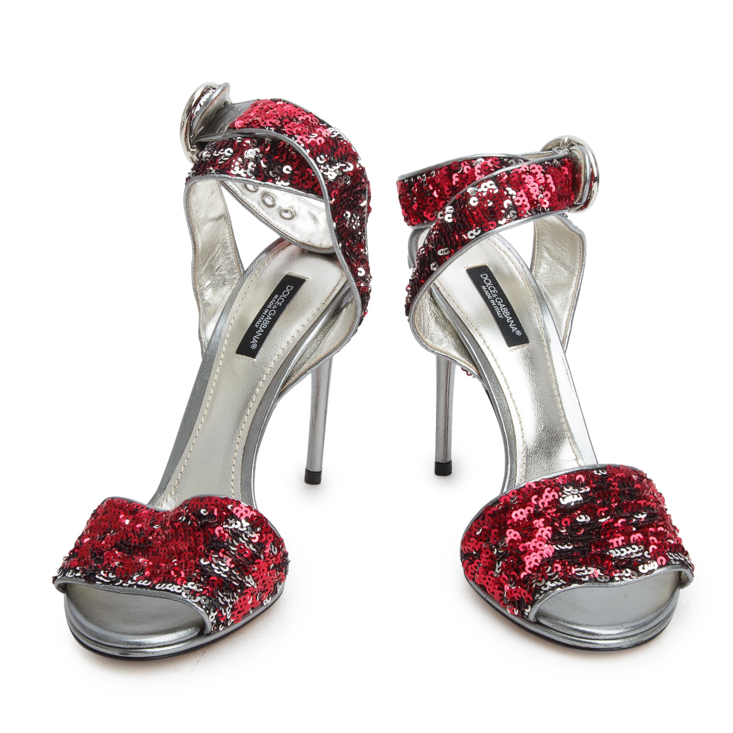 Dolce & Gabbana Silver & Red Leather Sequin Ankle Wrap Sandals, Women's Size 38