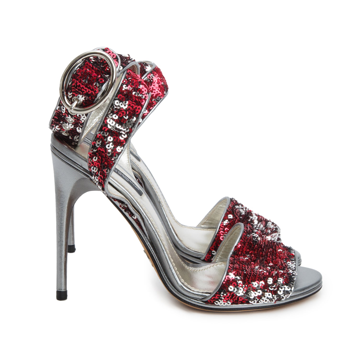Dolce & Gabbana Silver & Red Leather Sequin Ankle Wrap Sandals, Women's Size 38