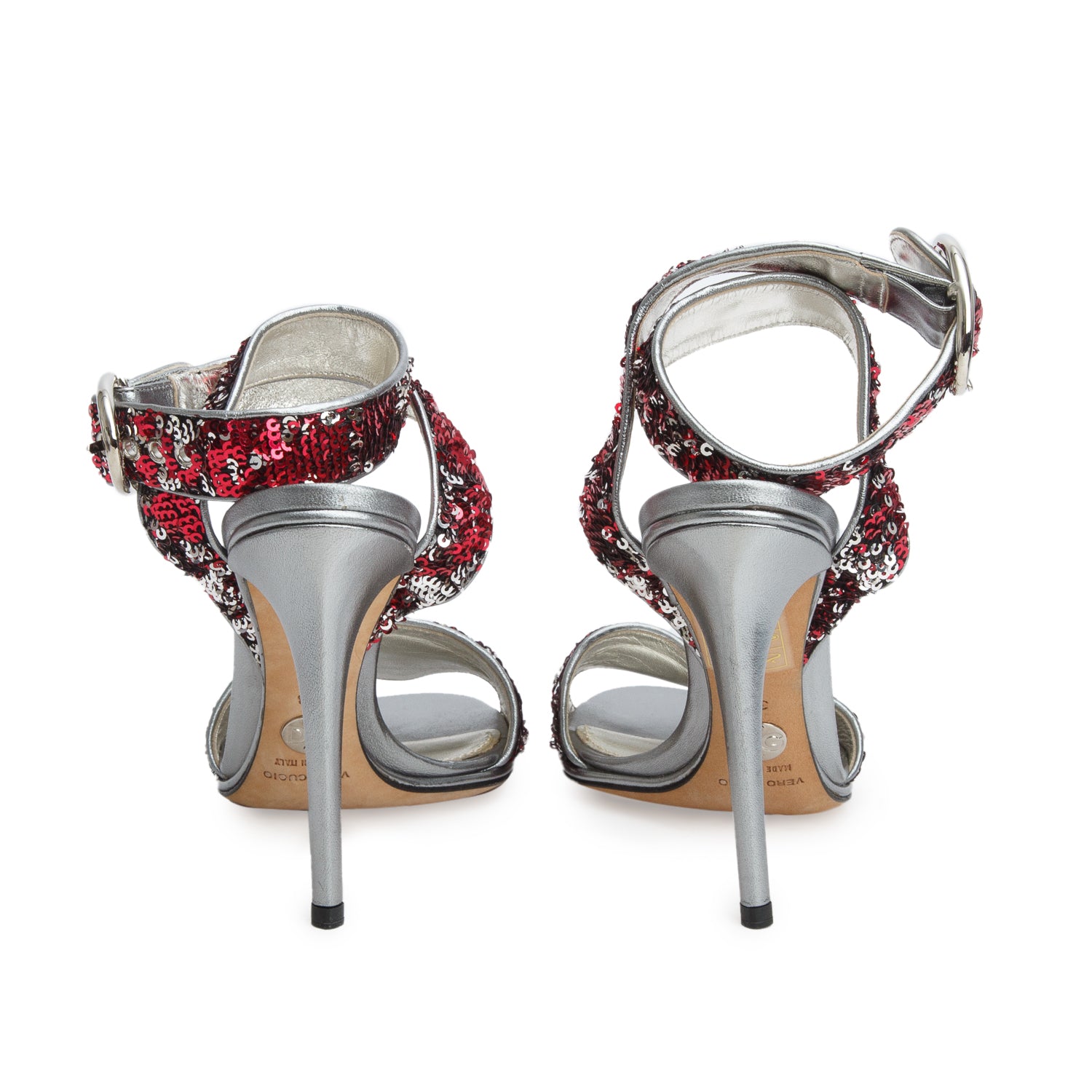 Dolce & Gabbana Silver & Red Leather Sequin Ankle Wrap Sandals, Women's Size 38