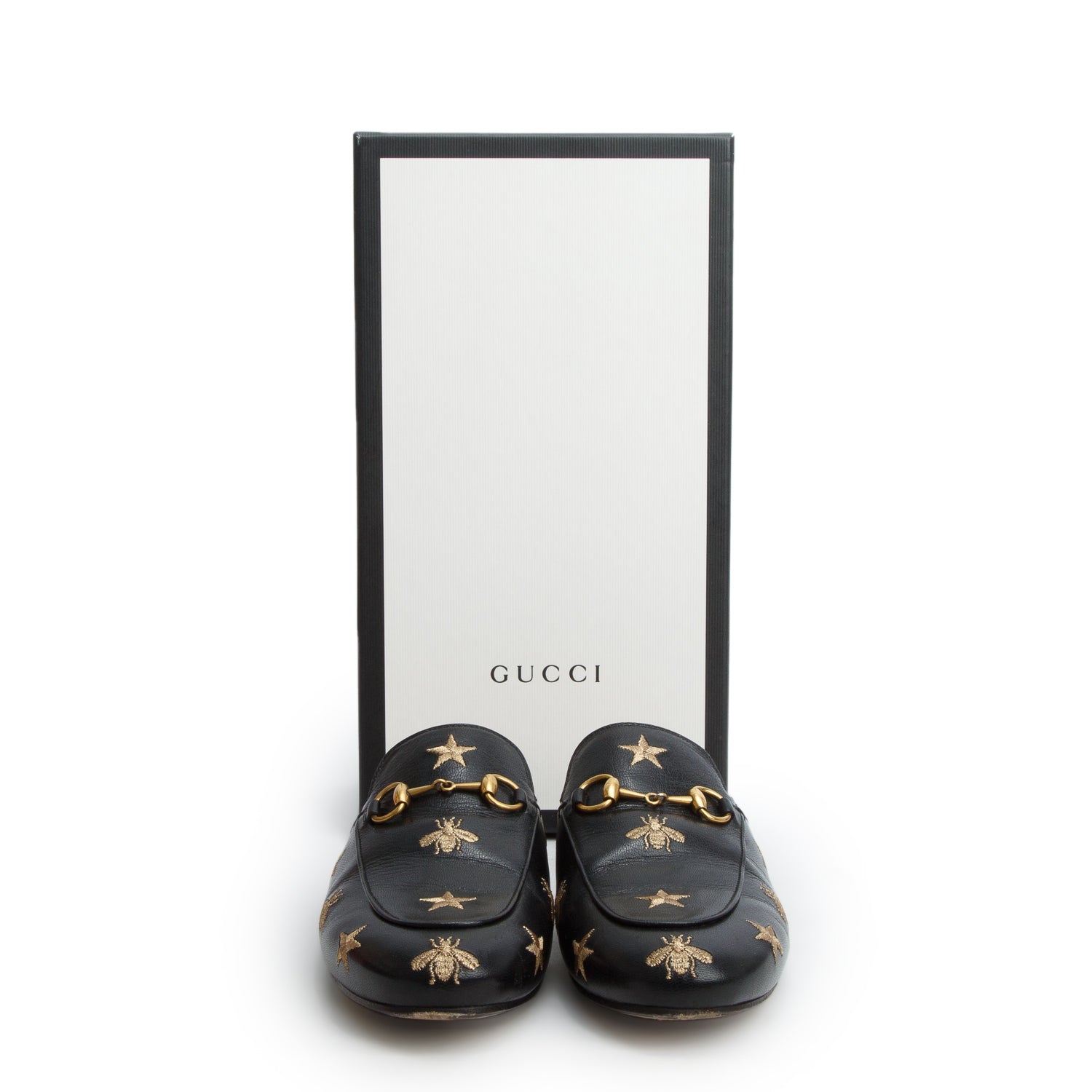 Gucci Black Goatskin Bee Star Embroidered Princetown Mules, Women's Size 37.5 w/ Box