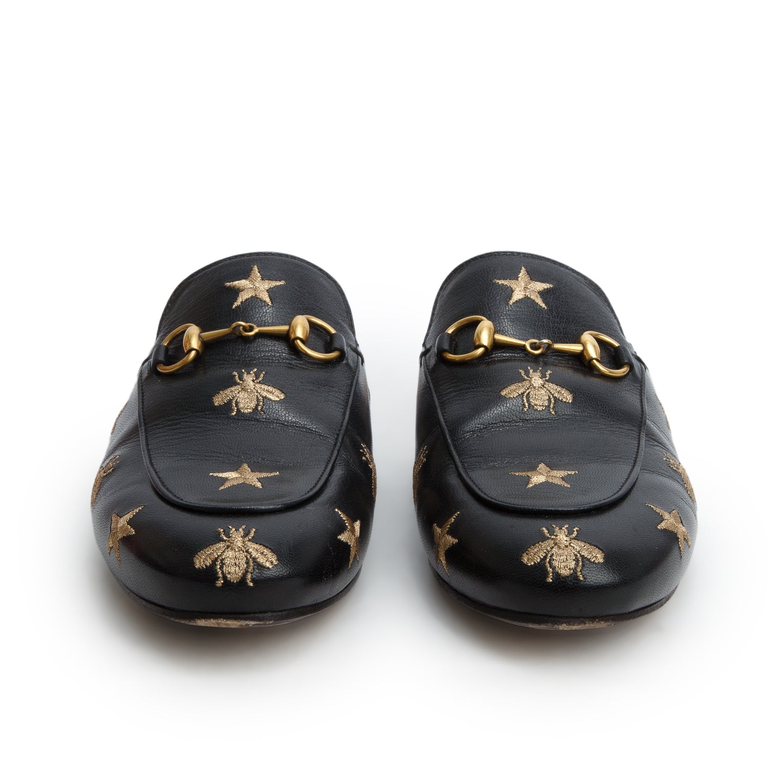 Gucci Black Goatskin Bee Star Embroidered Princetown Mules, Women's Size 37.5 w/ Box