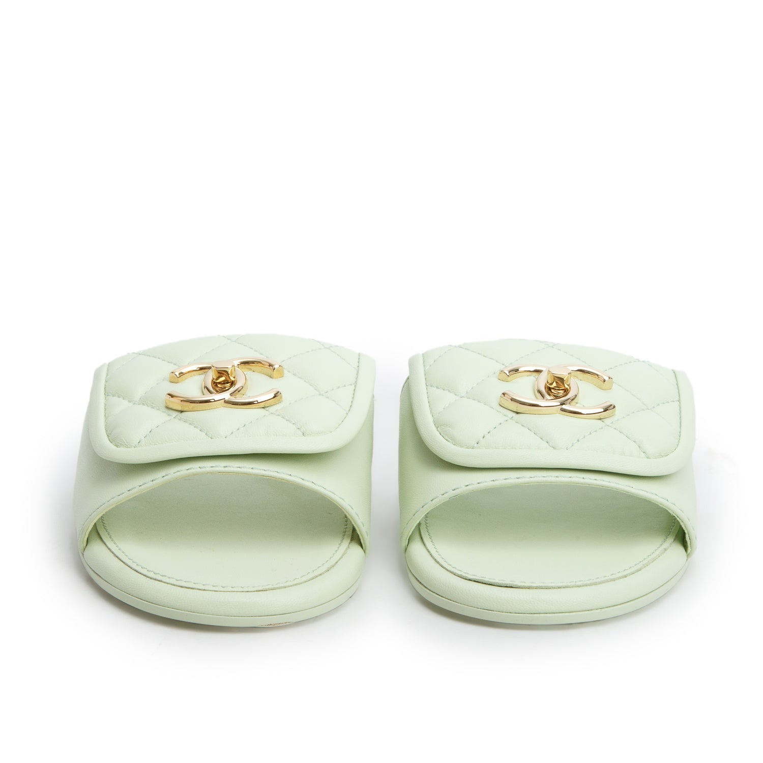 Chanel Green Lambskin Quilted Turnlock Flat Mules, Women's Size 36 w/ Box