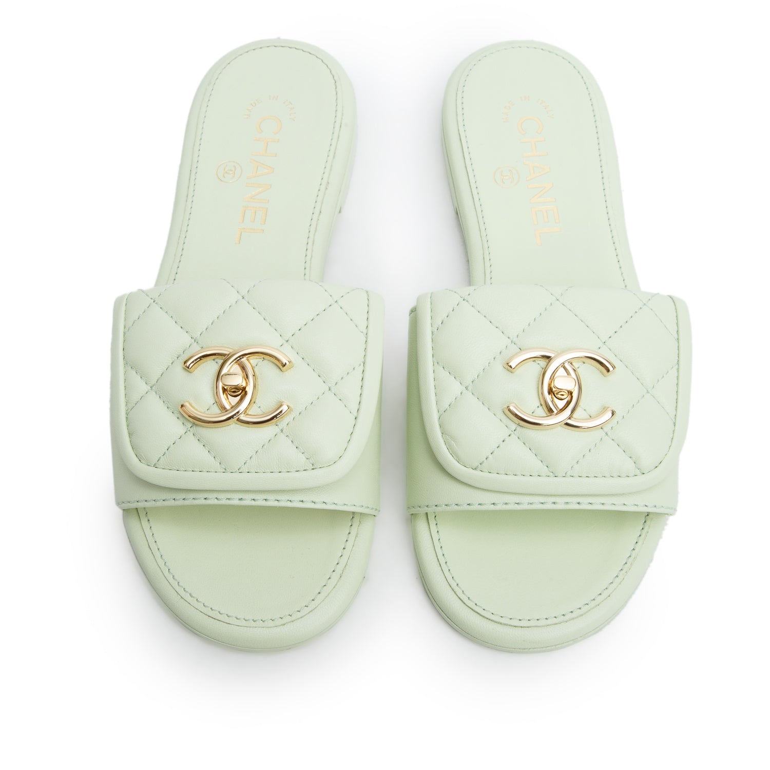 Chanel Green Lambskin Quilted Turnlock Flat Mules, Women's Size 36 w/ Box