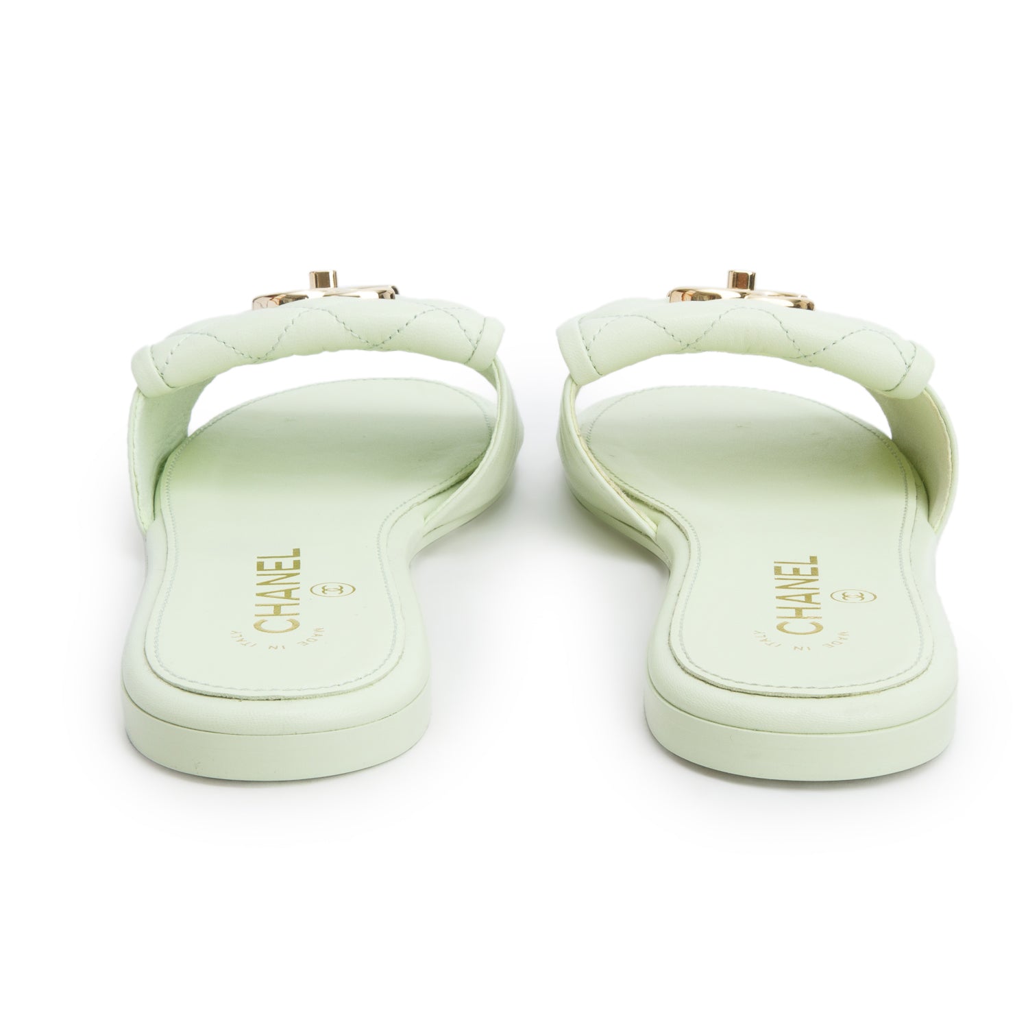 Chanel Green Lambskin Quilted Turnlock Flat Mules, Women's Size 36 w/ Box