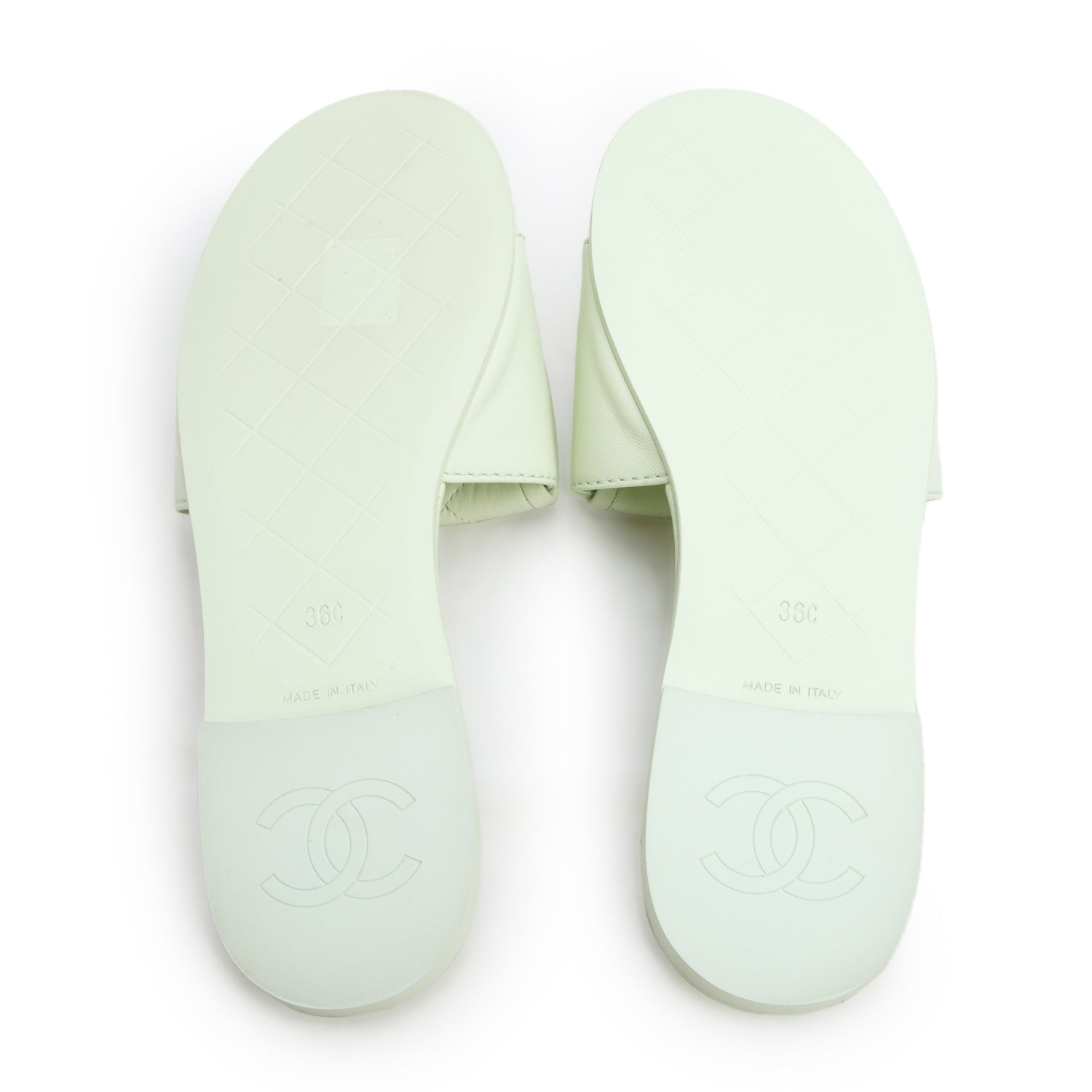 Chanel Green Lambskin Quilted Turnlock Flat Mules, Women's Size 36 w/ Box