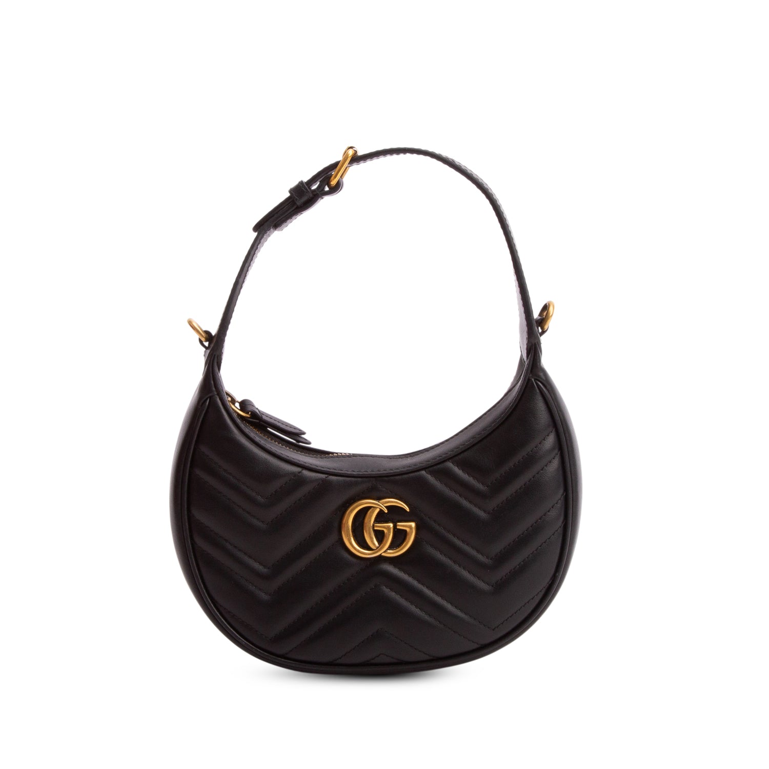 Gucci Black Calfskin Matelasse Chevron Mini GG Marmont Half Moon Hobo w/ Box & Strap