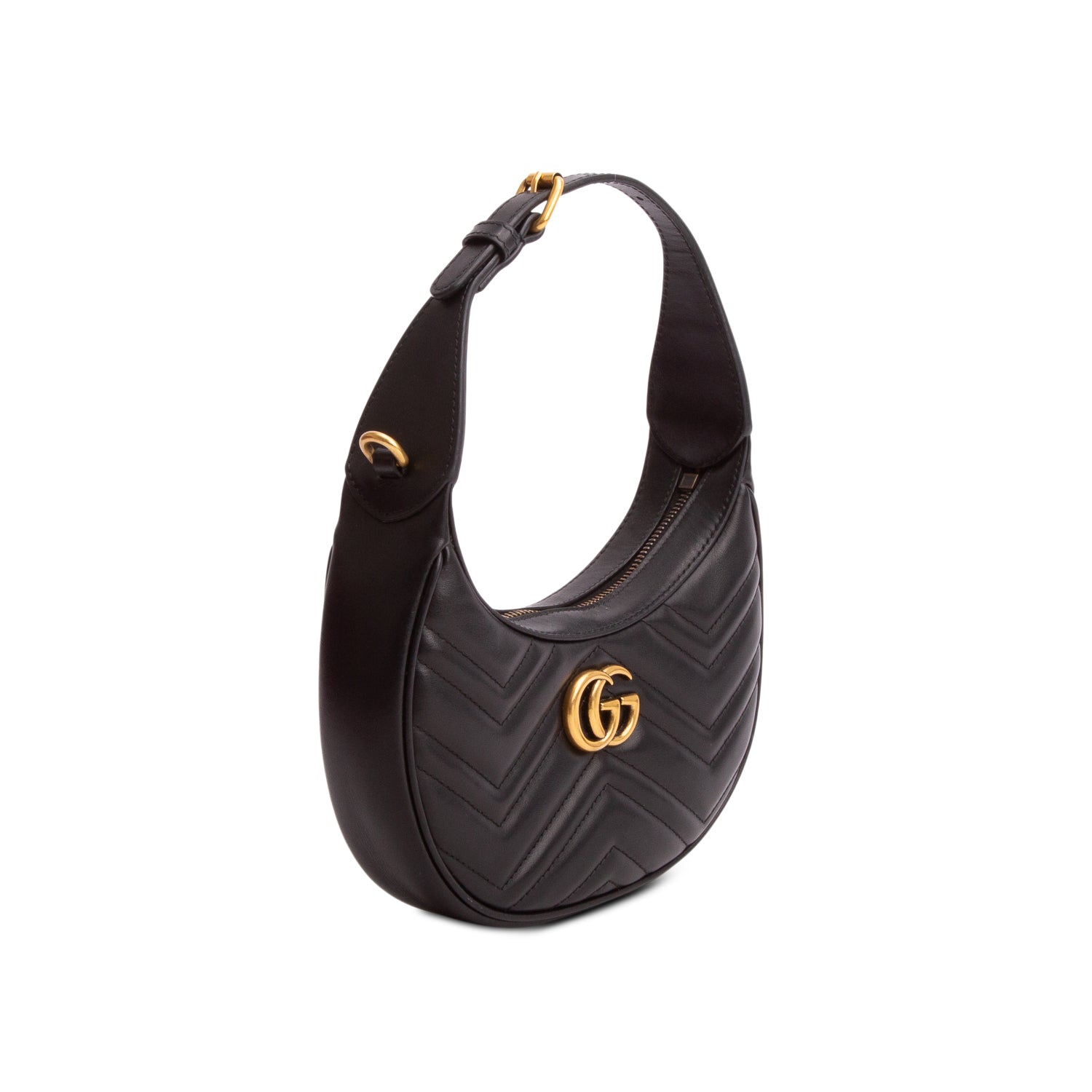 Gucci Black Calfskin Matelasse Chevron Mini GG Marmont Half Moon Hobo w/ Box & Strap