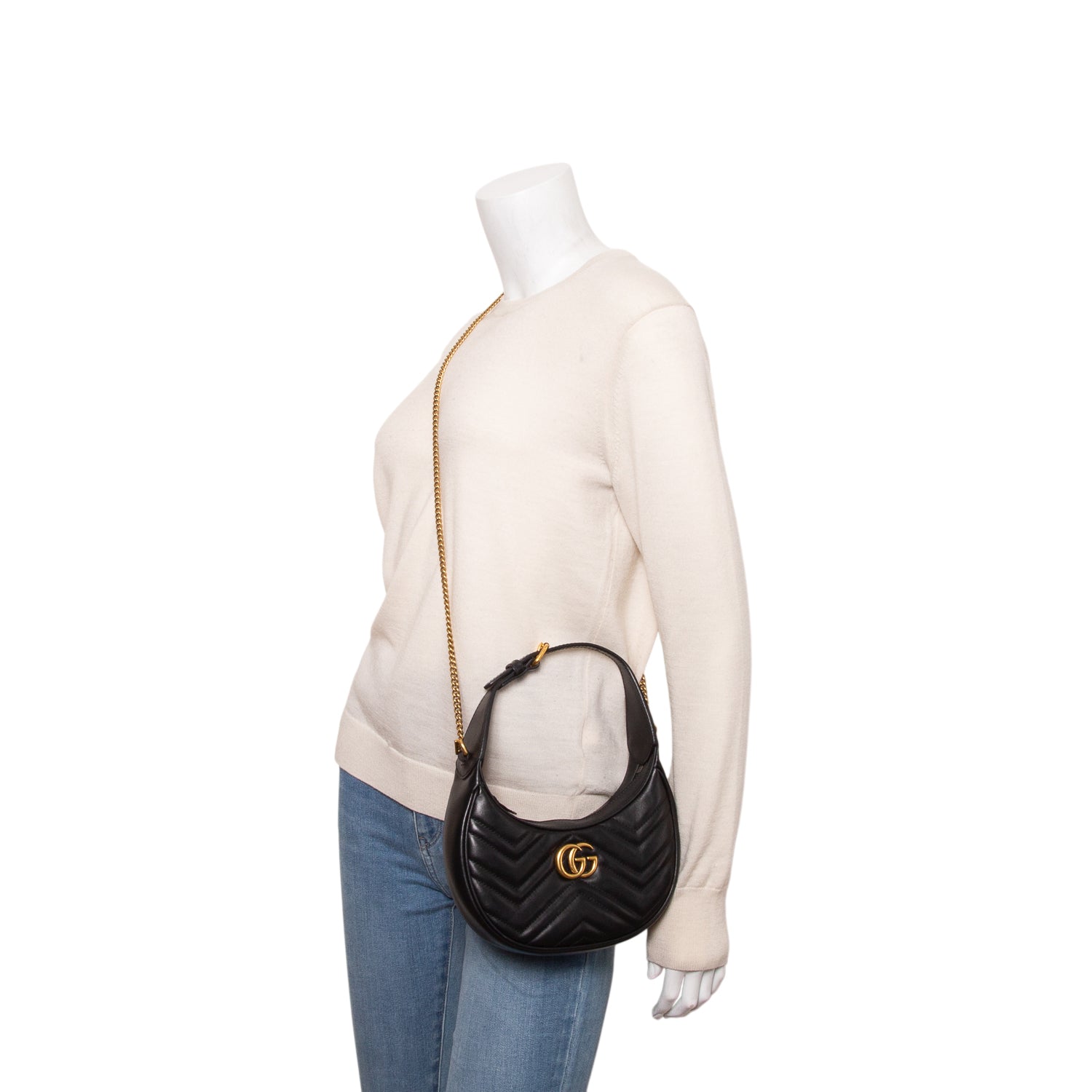 Gucci Black Calfskin Matelasse Chevron Mini GG Marmont Half Moon Hobo w/ Box & Strap