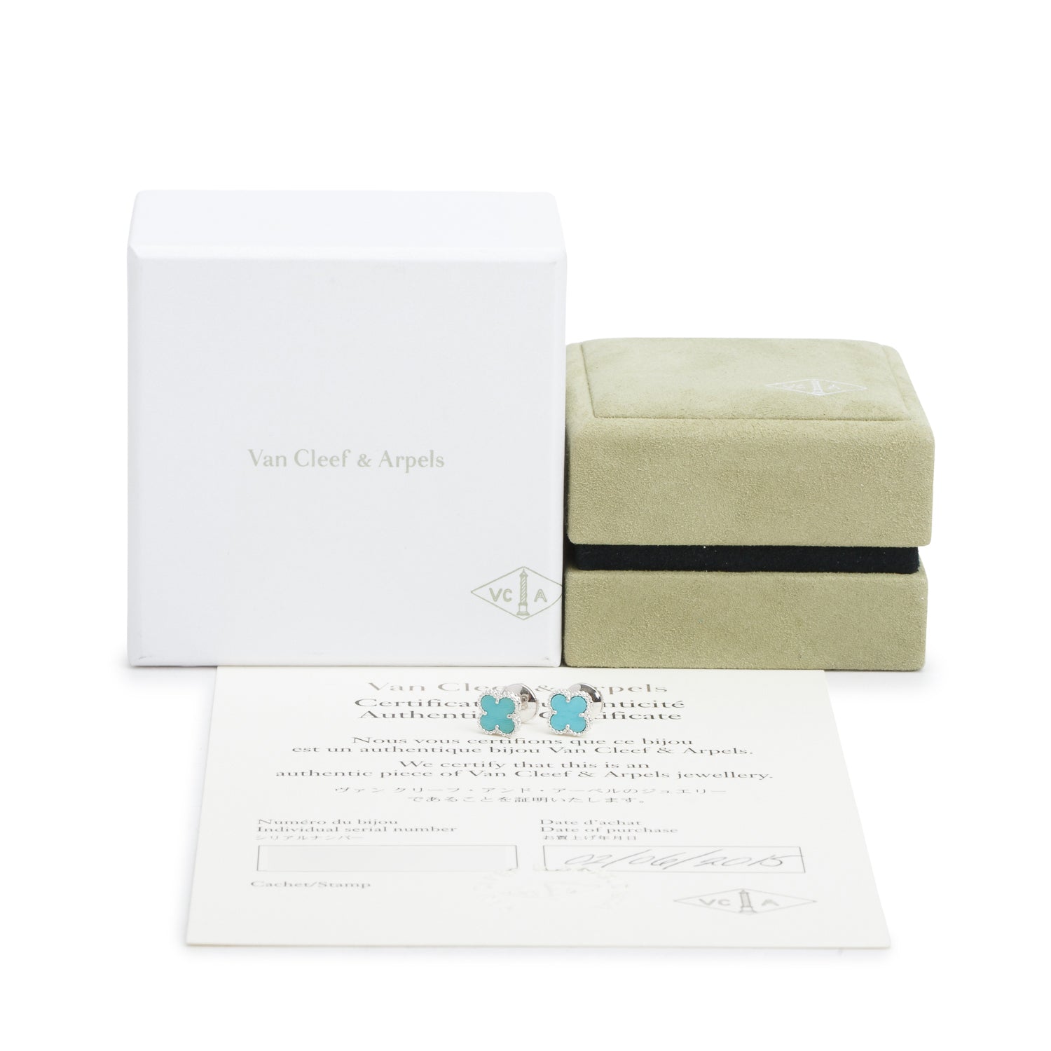 Van Cleef & Arpels 18k White Gold Sweet Alhambra Turquoise Stud Earrings w/ Box & Certificate