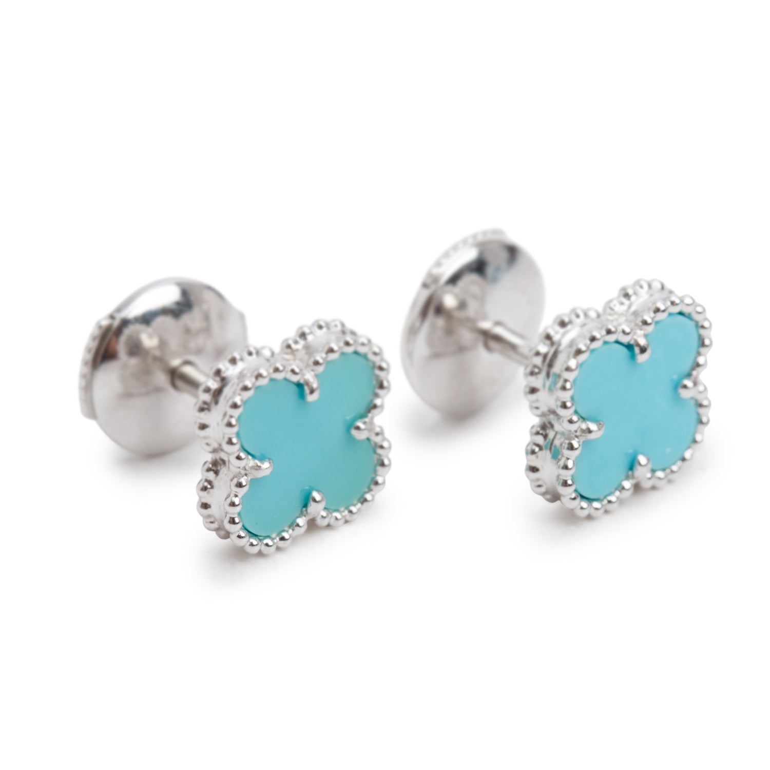Van Cleef & Arpels 18k White Gold Sweet Alhambra Turquoise Stud Earrings w/ Box & Certificate