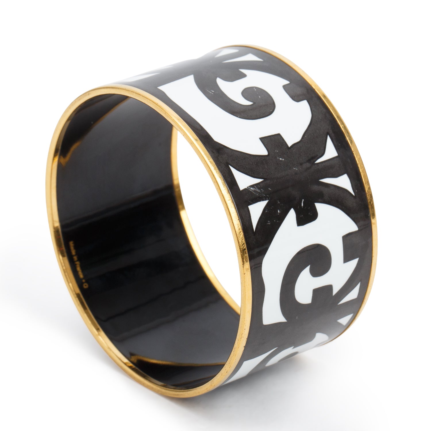 Hermes Gold-Plated Black/White 'Balcons Du Guadalquivir' Enamel Extra Wide Bangle