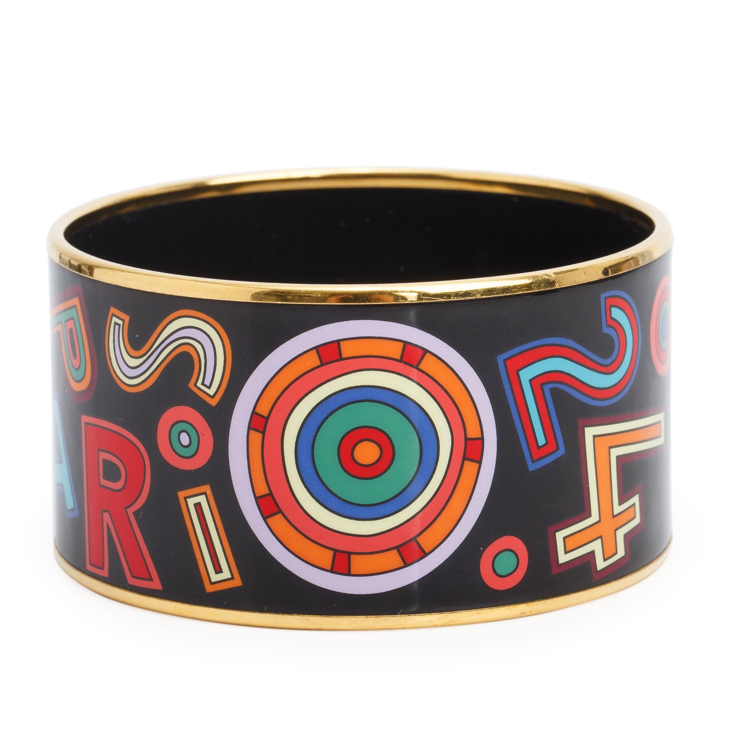 Hermes Gold-Plated Black/Multicolour 'Tohu Bohu' Enamel Extra Wide Bangle