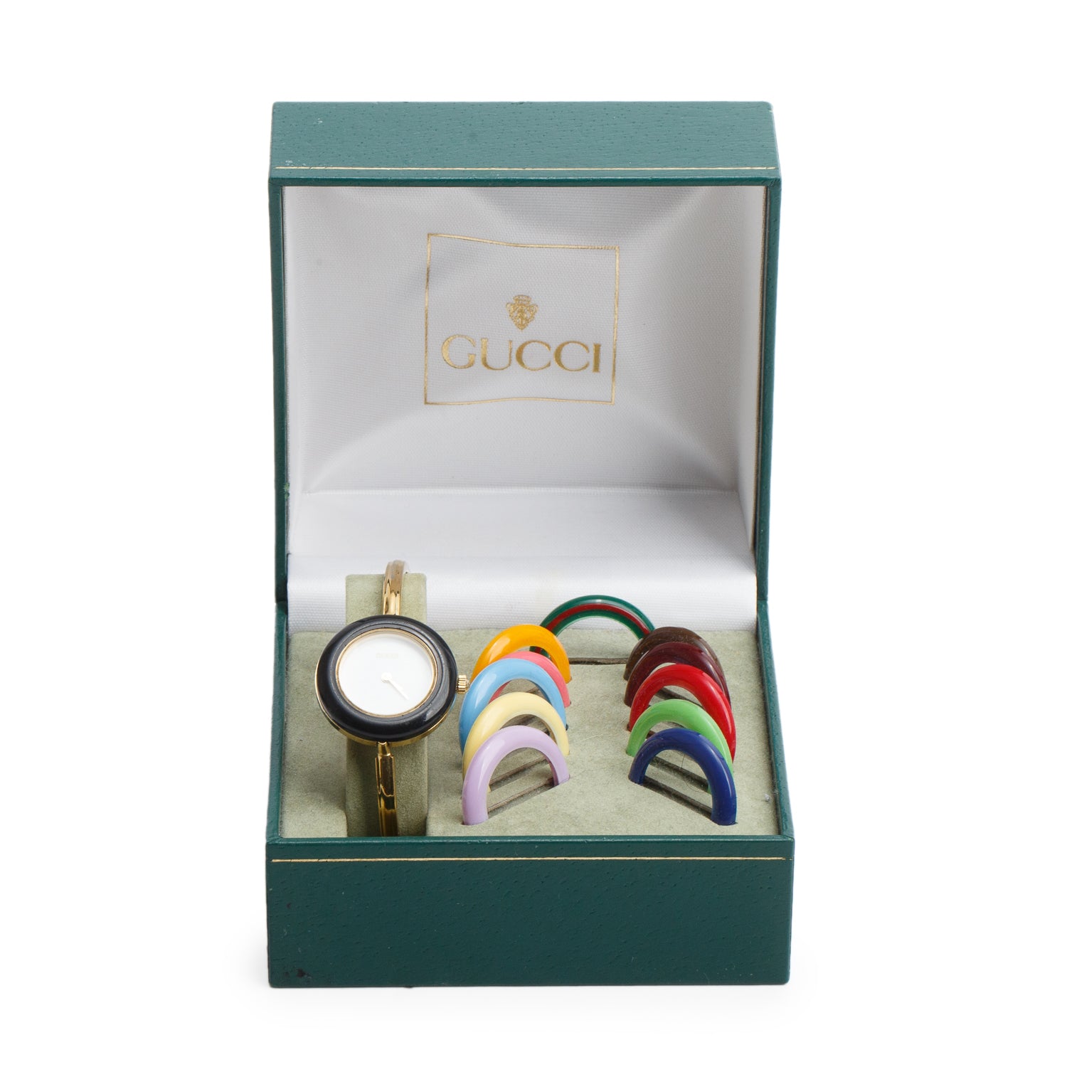 Gucci Gold Plated Stainless Steel 1100 Series 26 MM Watch White Dial w/ Box & 12 Multicolour Bezels
