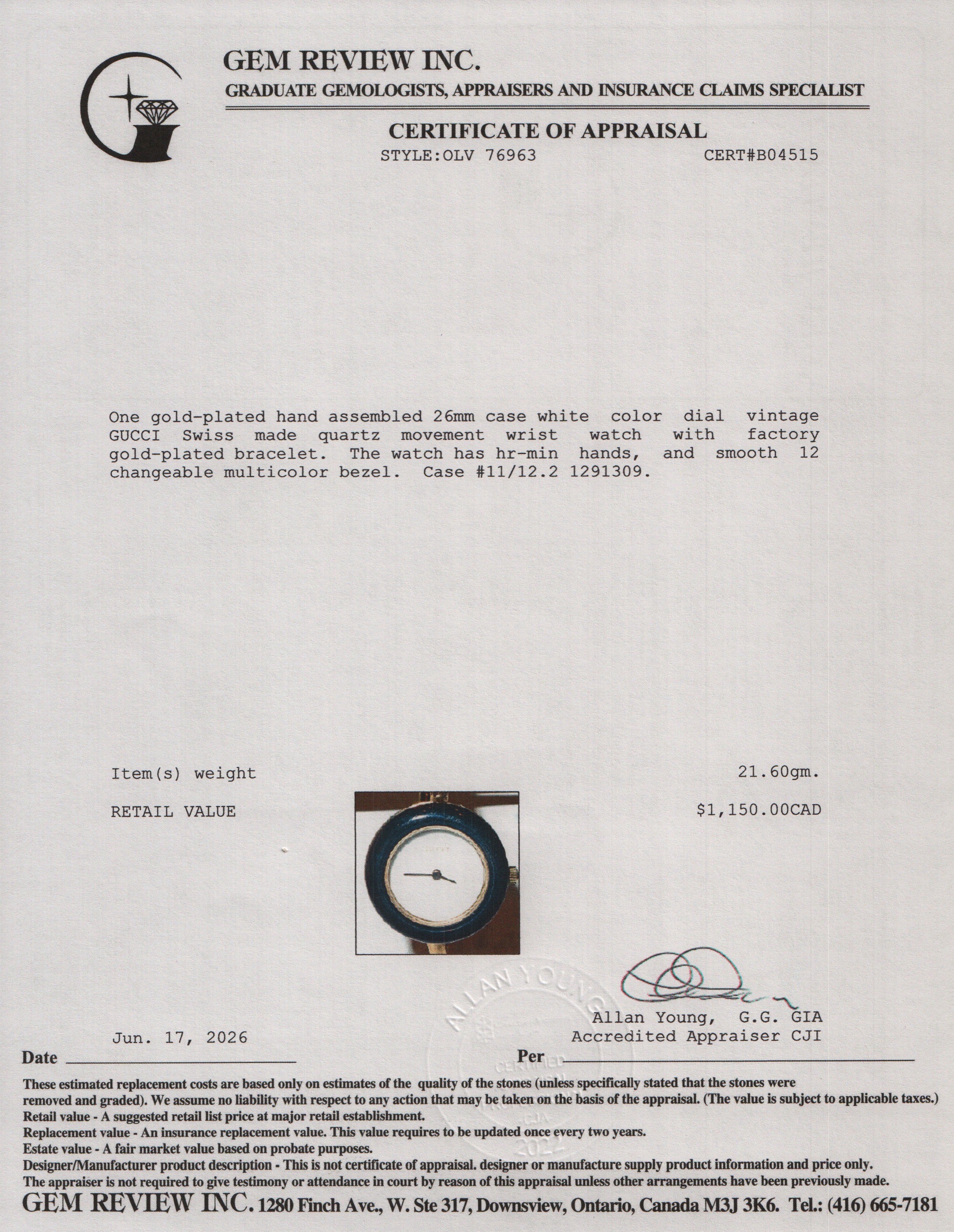 Gucci Gold Plated Stainless Steel 1100 Series 26 MM Watch White Dial w/ Box & 12 Multicolour Bezels