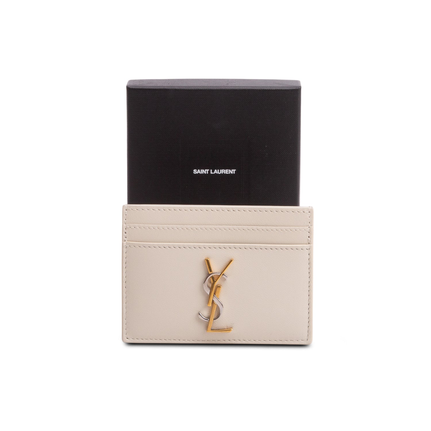 Saint Laurent 2023 Grey Smooth Leather Cassandre Card Case w/ Box