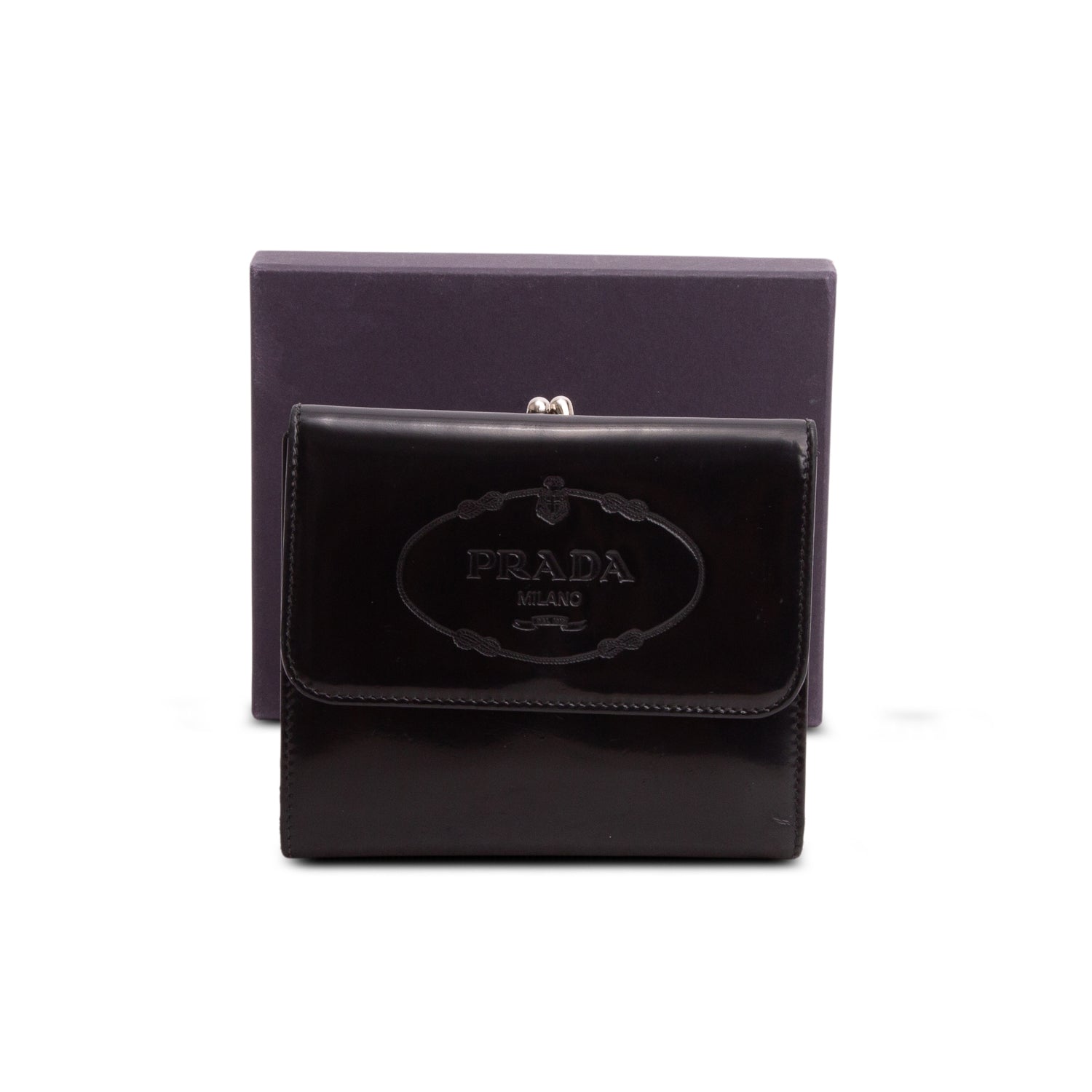 Prada Black Spazzolato Trifold Compact Wallet w/ Box