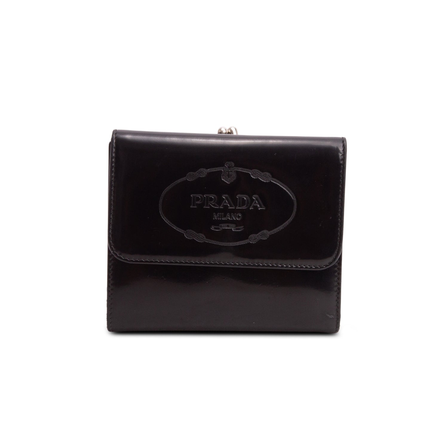 Prada Black Spazzolato Trifold Compact Wallet w/ Box