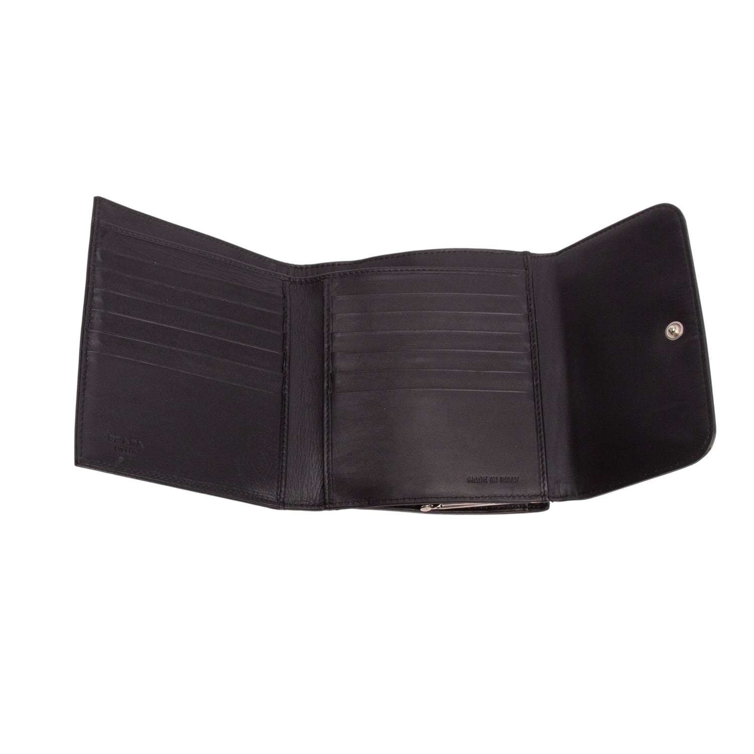Prada Black Spazzolato Trifold Compact Wallet w/ Box