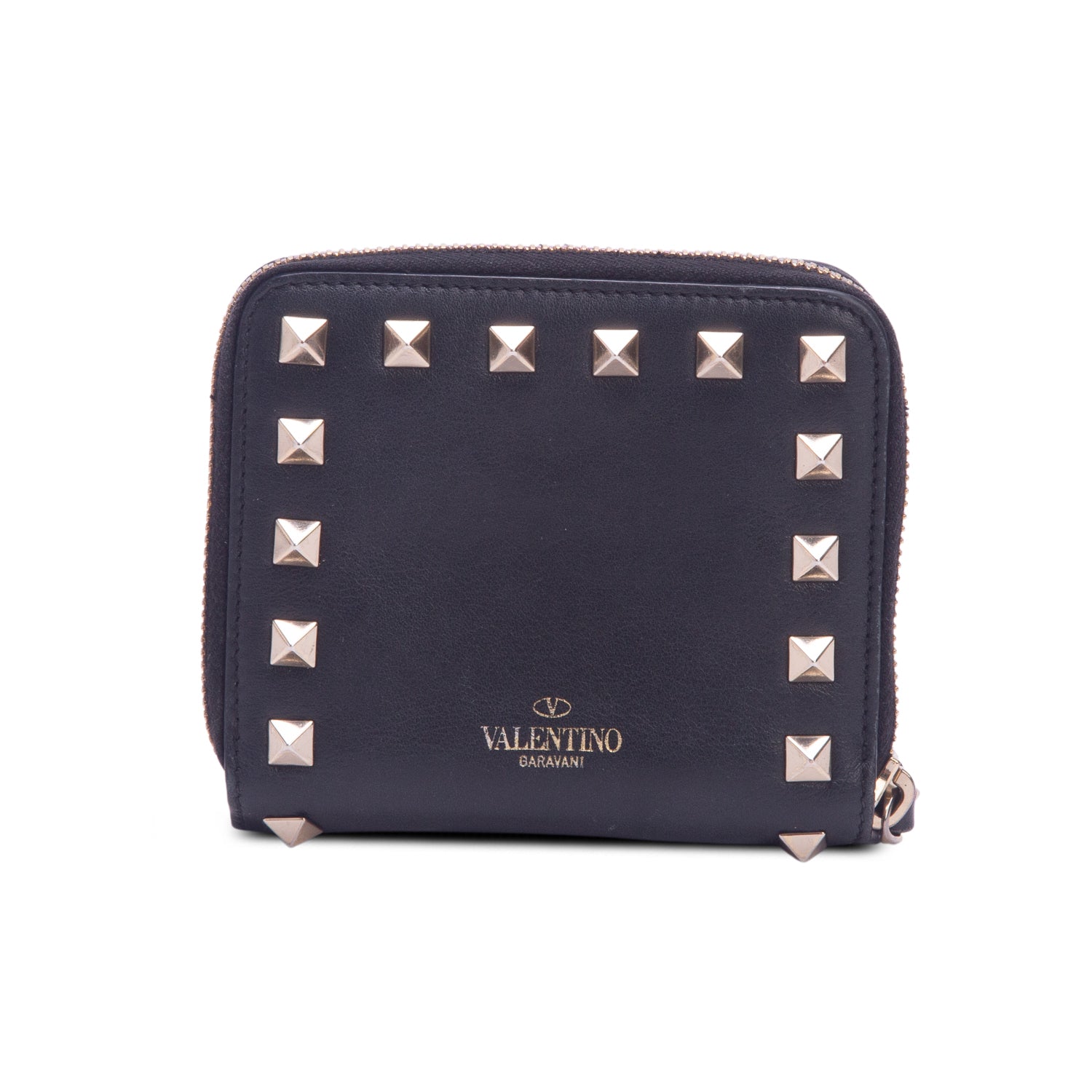 Valentino Black Nappa Rockstud Compact Zip Around Wallet