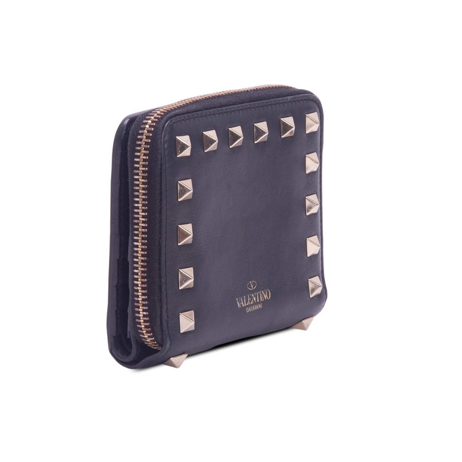 Valentino Black Nappa Rockstud Compact Zip Around Wallet
